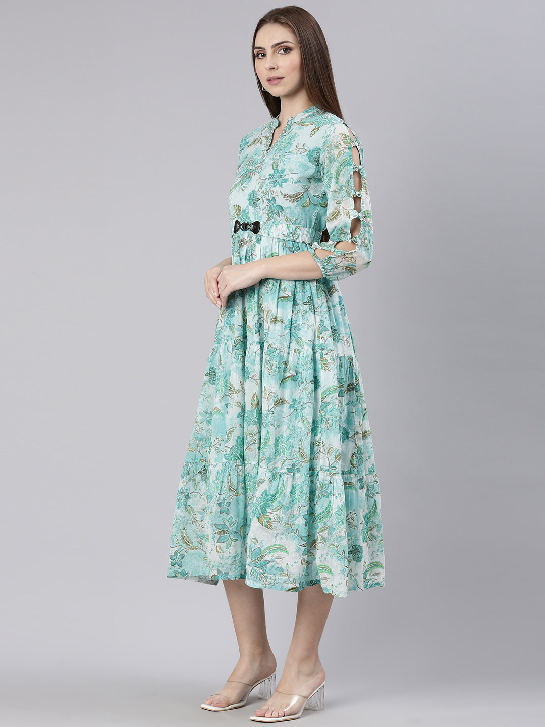 Women's Turquoise Blue Floral Printed Mandarin Collar Belted Fit & Flare Dress