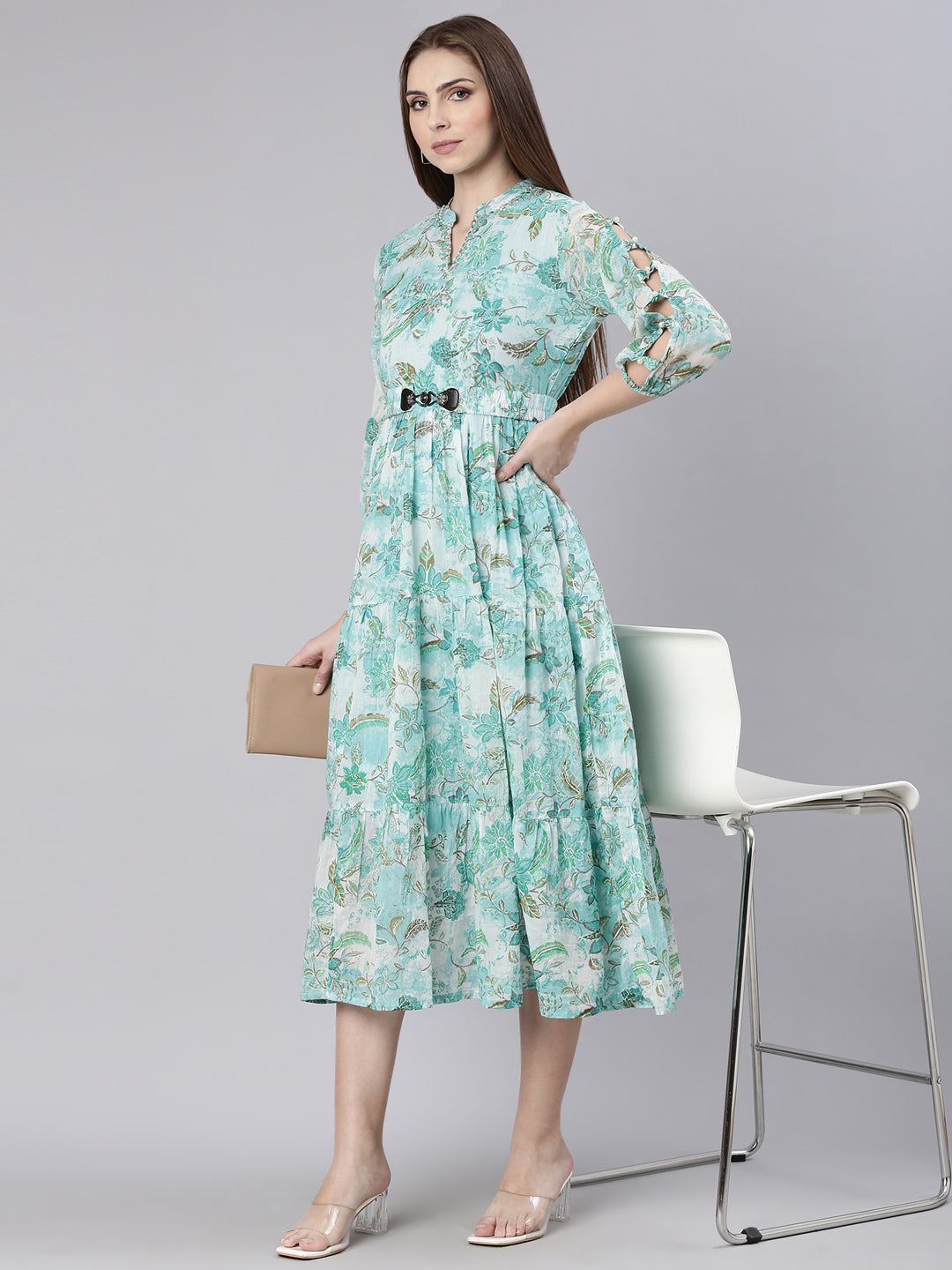Women's Turquoise Blue Floral Printed Mandarin Collar Belted Fit & Flare Dress