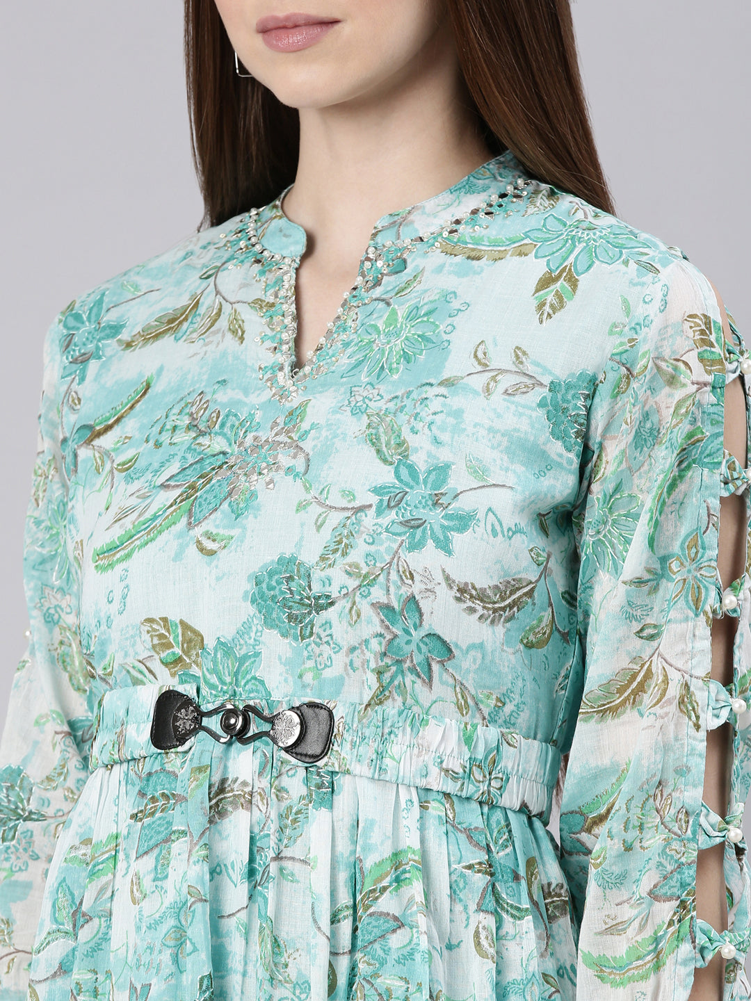 Women's Turquoise Blue Floral Printed Mandarin Collar Belted Fit & Flare Dress