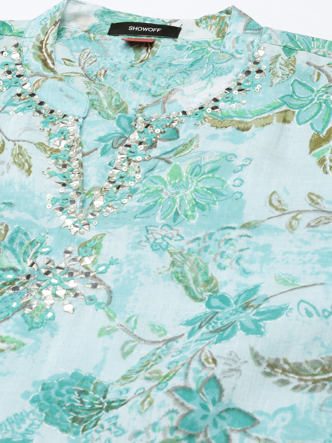 Women's Turquoise Blue Floral Printed Mandarin Collar Belted Fit & Flare Dress