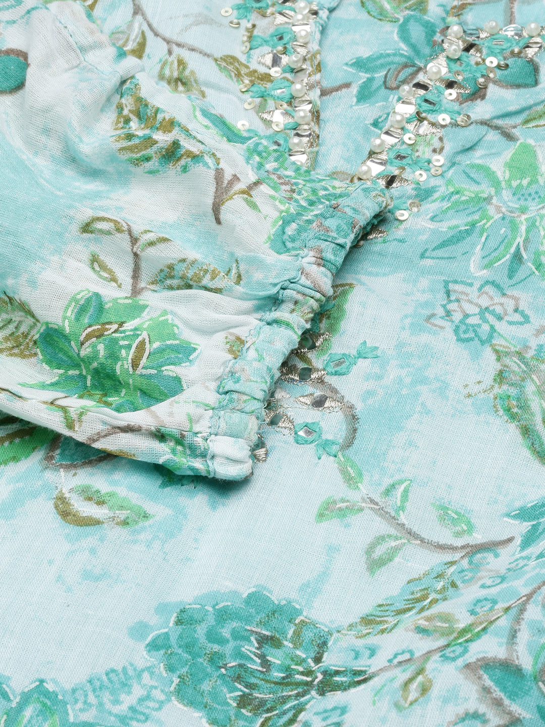 Women's Turquoise Blue Floral Printed Mandarin Collar Belted Fit & Flare Dress