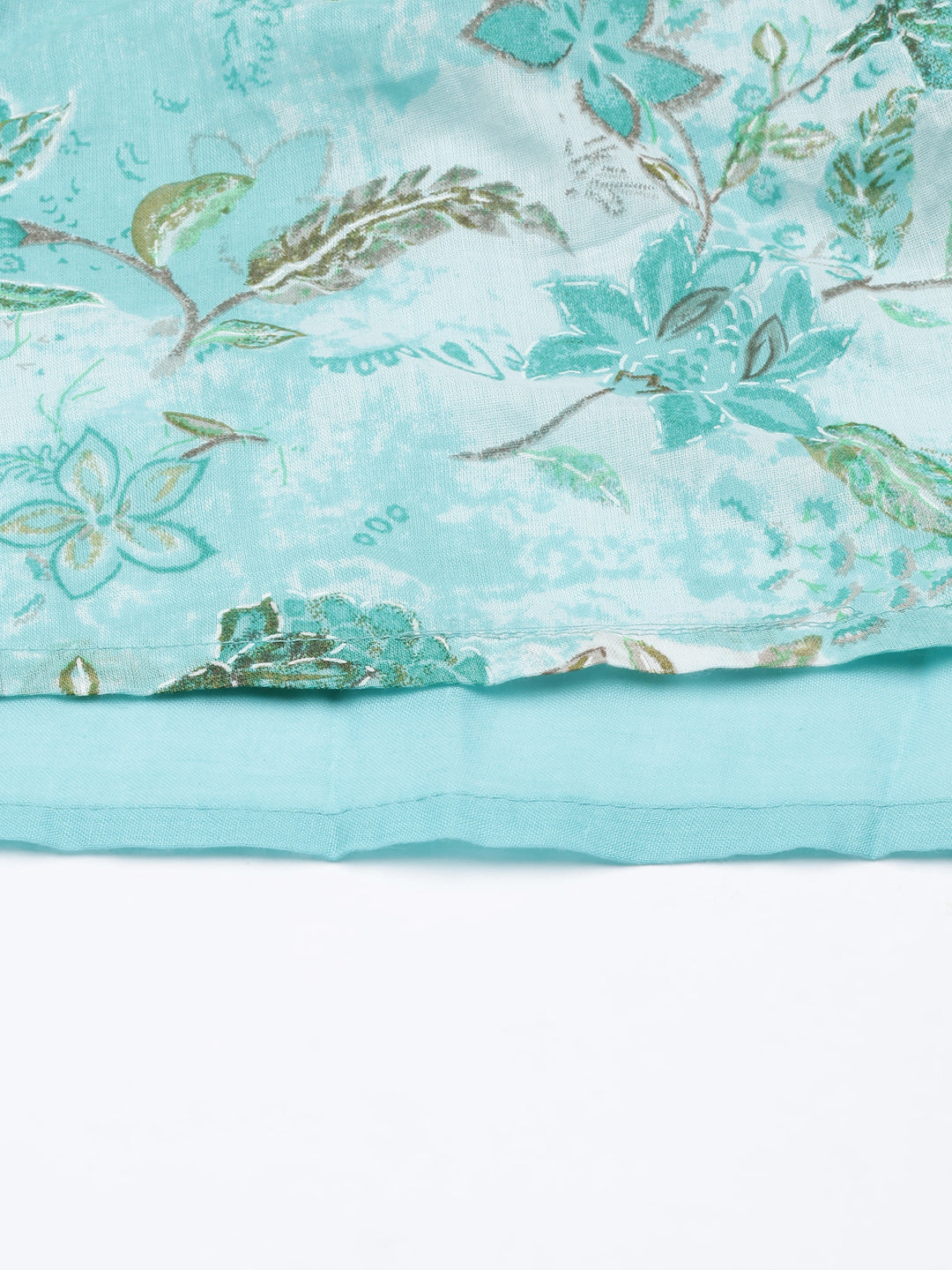 Women's Turquoise Blue Floral Printed Mandarin Collar Belted Fit & Flare Dress