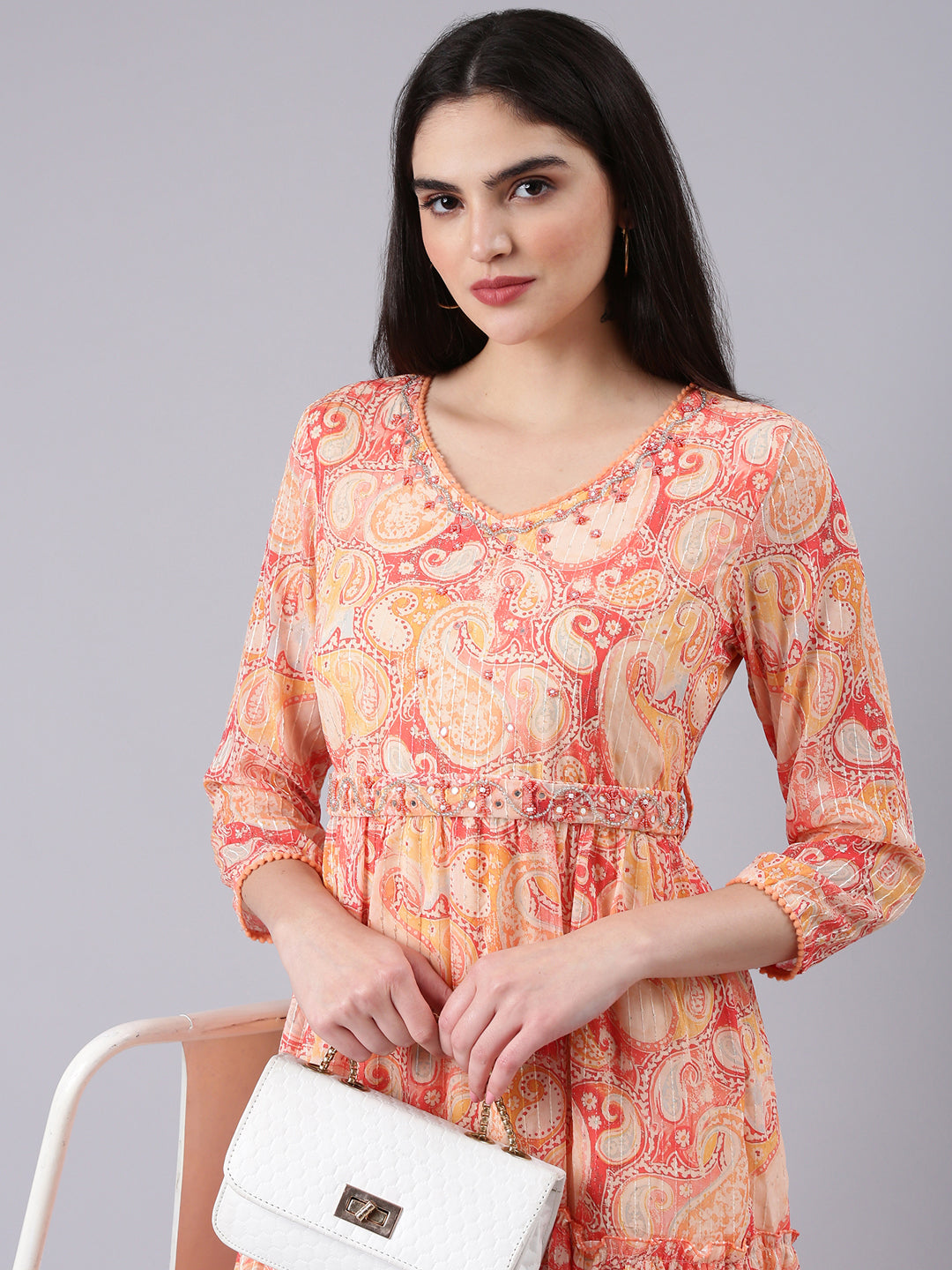 Women V-Neck Embellished Peach Kurta