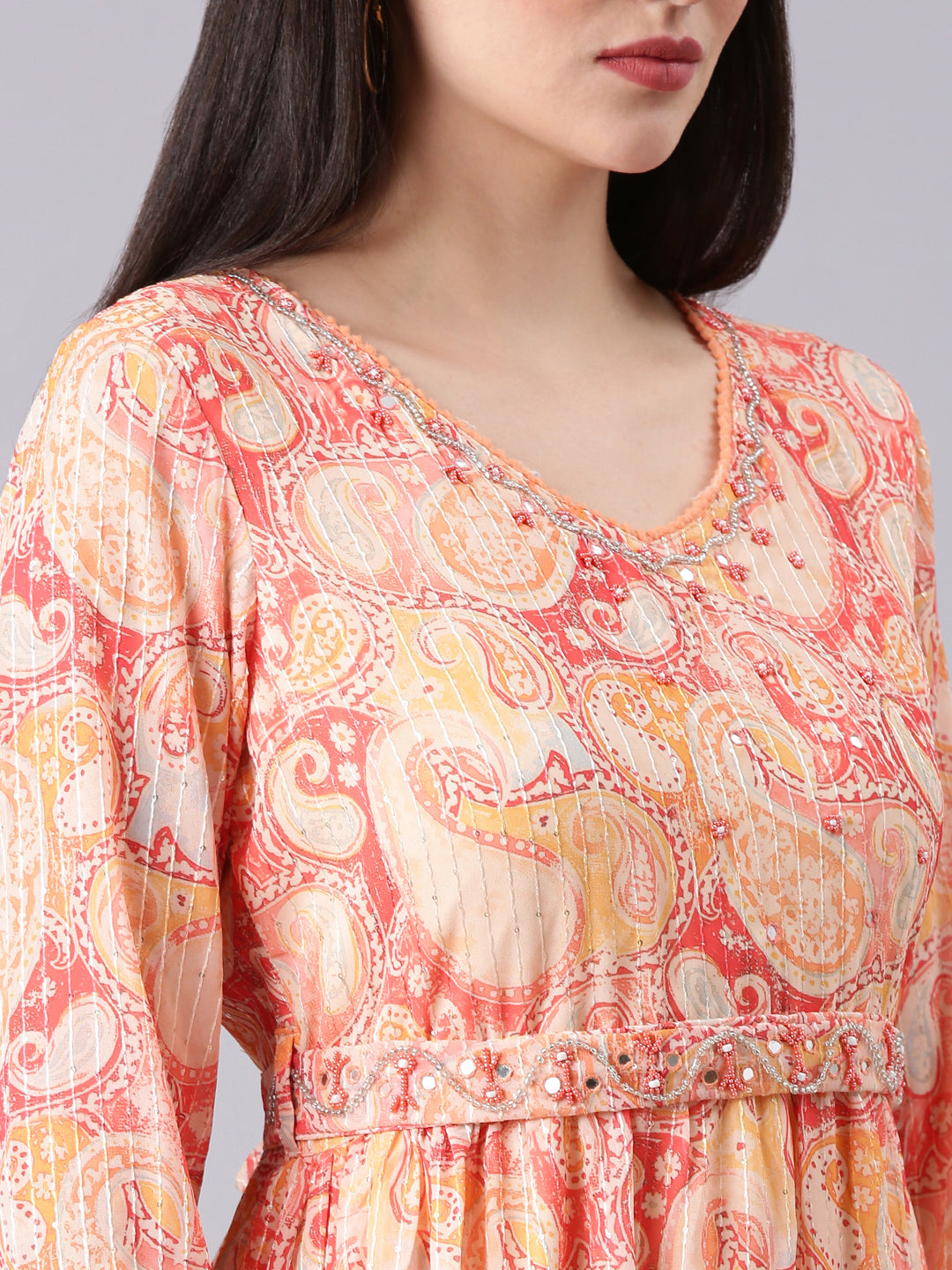 Women V-Neck Embellished Peach Kurta