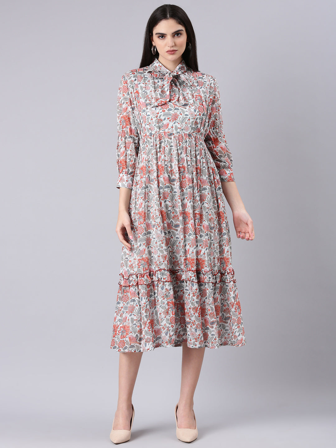 Women Printed Empire Grey Dress