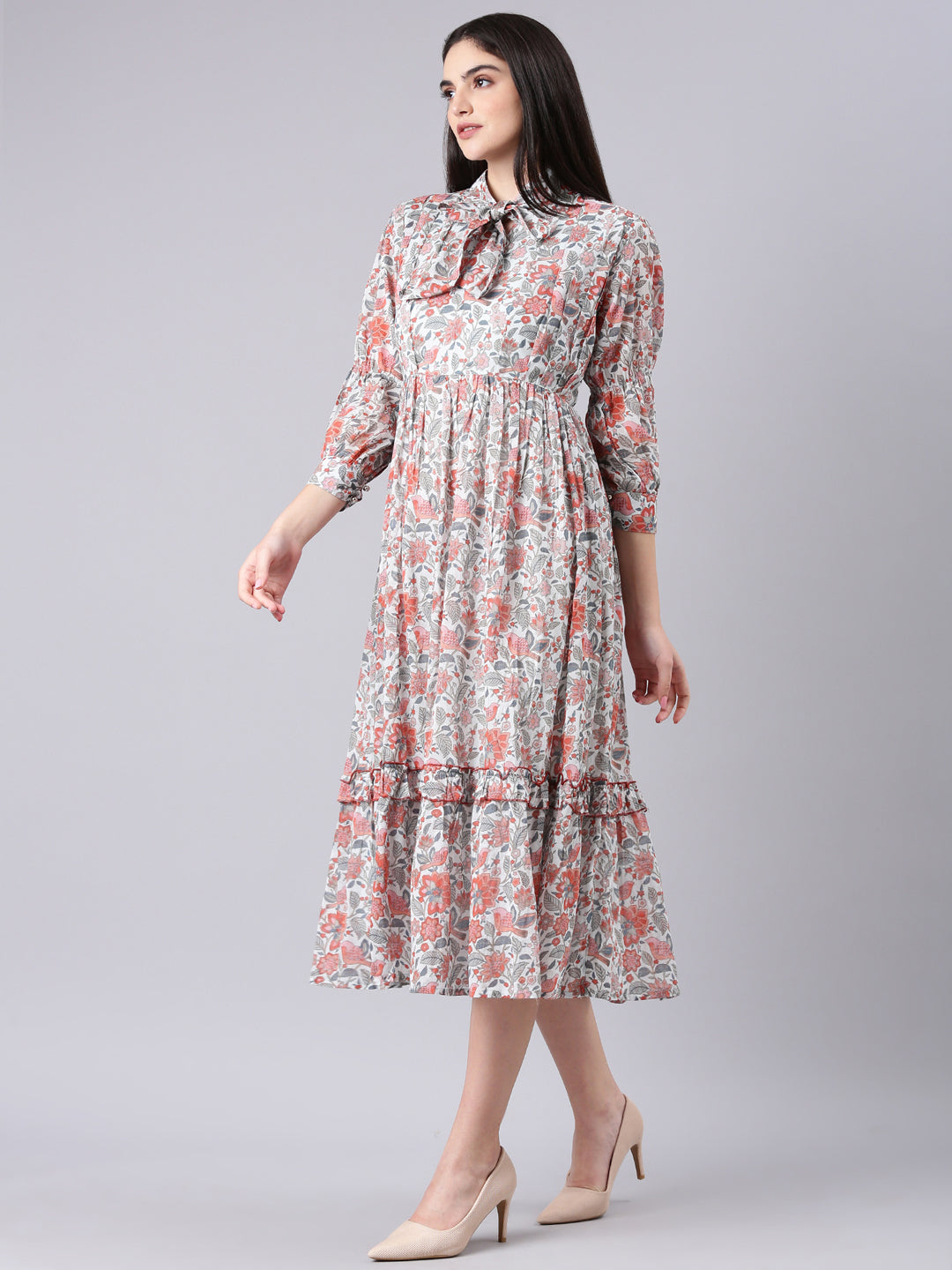 Women Printed Empire Grey Dress