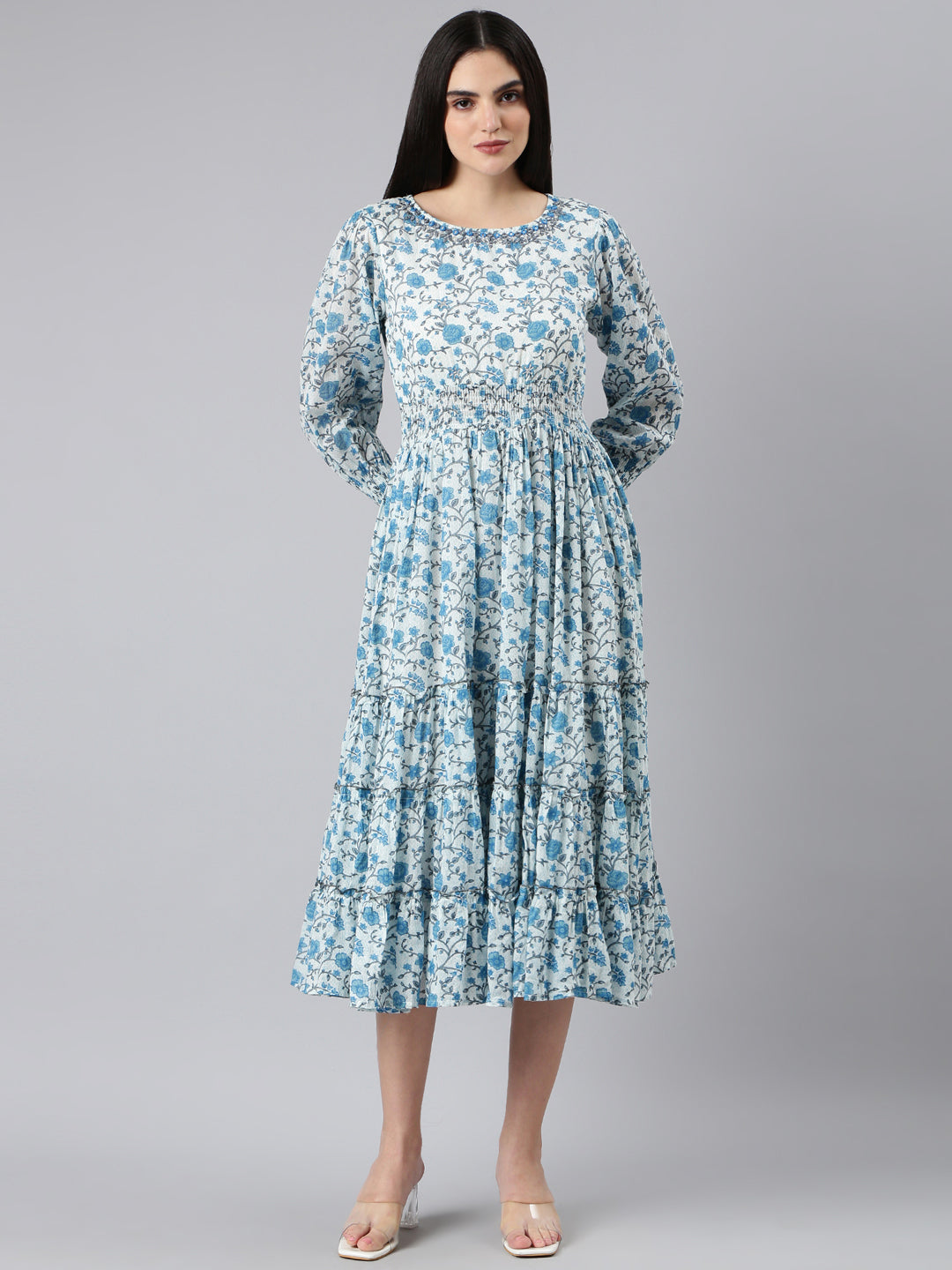 Women Printed A-Line White Dress