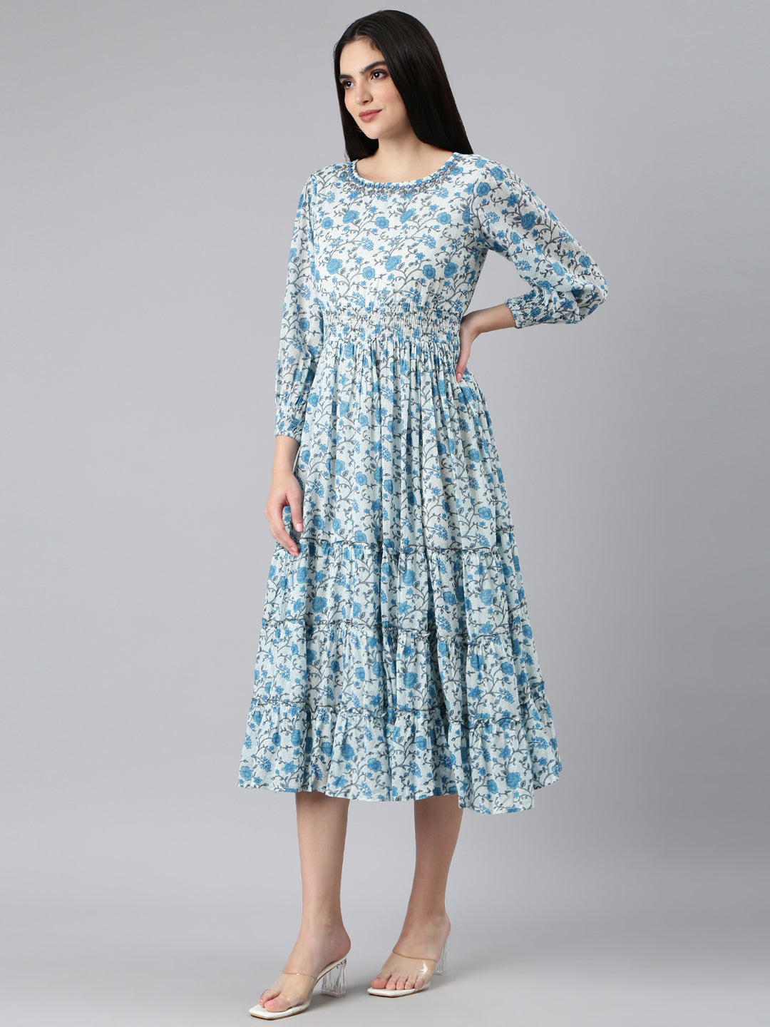 Women Printed A-Line White Dress