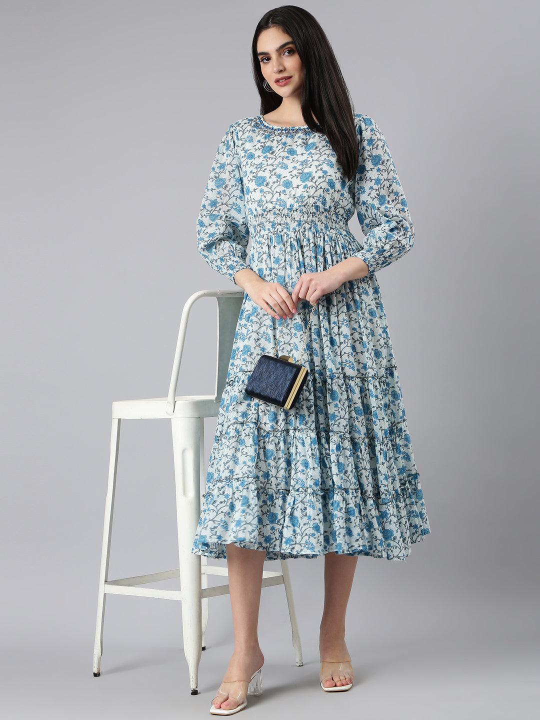 Women Printed A-Line White Dress