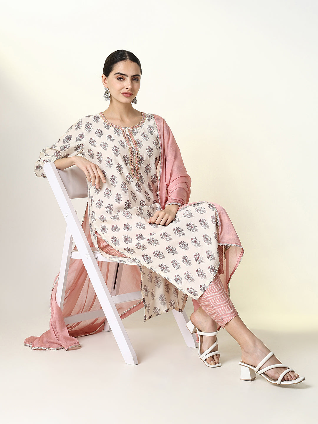 Women Graphic Cream Straight Kurta Set with Dupatta