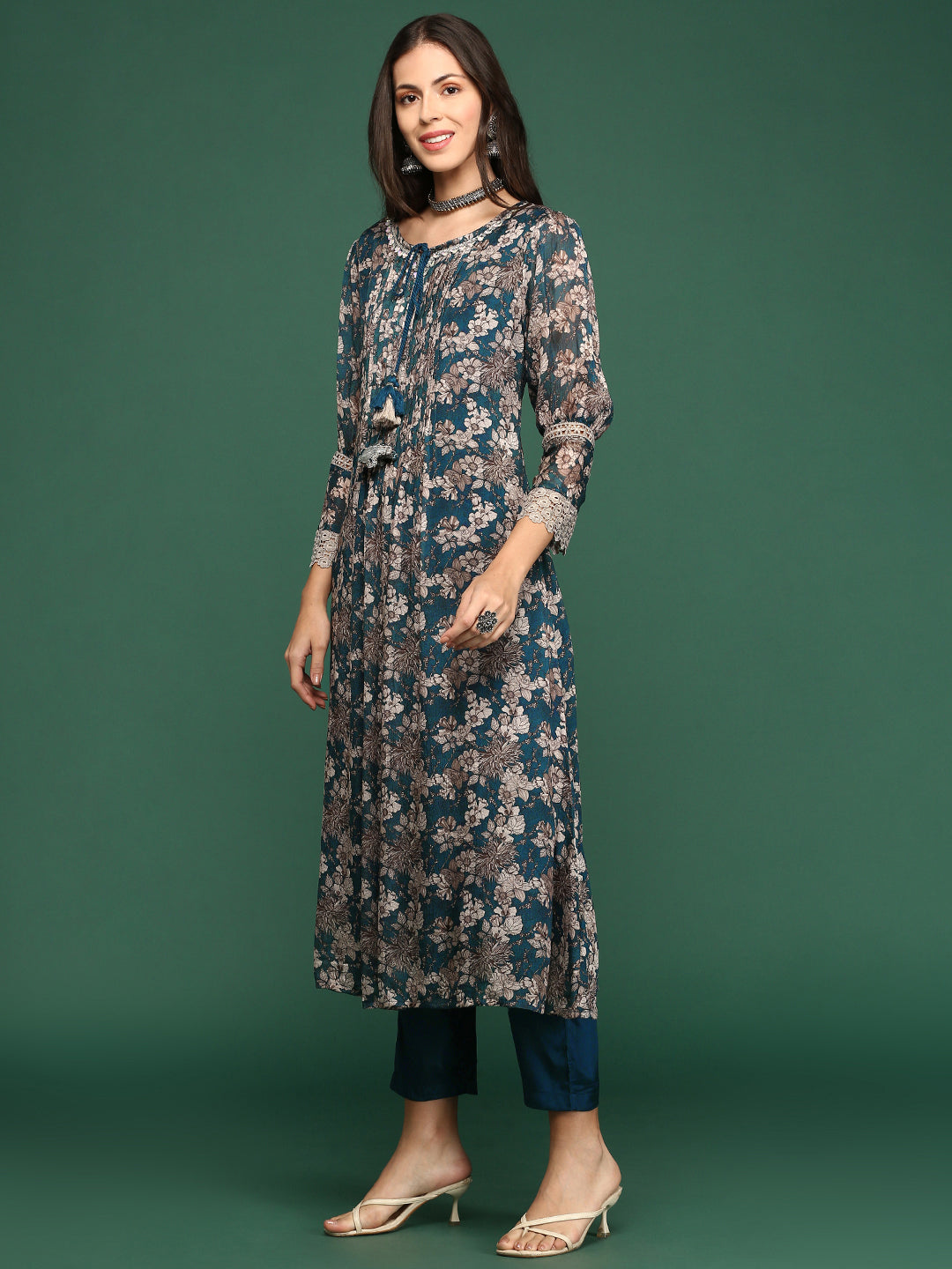 Women Floral Teal A-Line Kurta Set with Dupatta