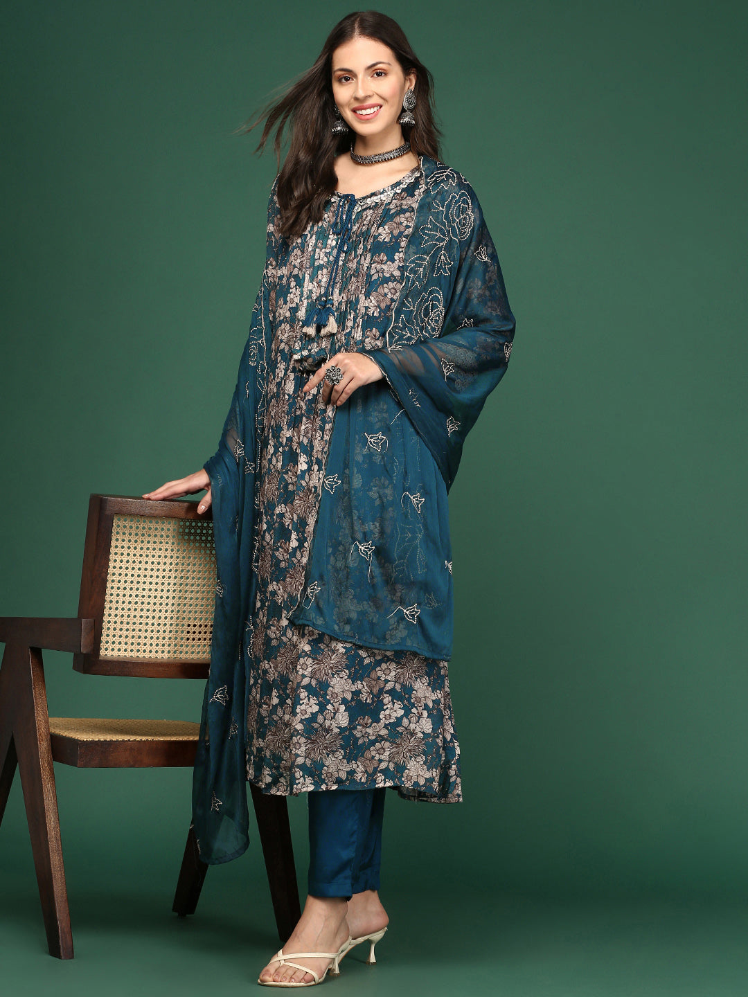 Women Floral Teal A-Line Kurta Set with Dupatta