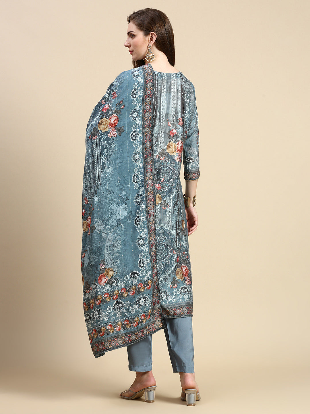 Women Floral Grey Straight Kurta Set with Dupatta