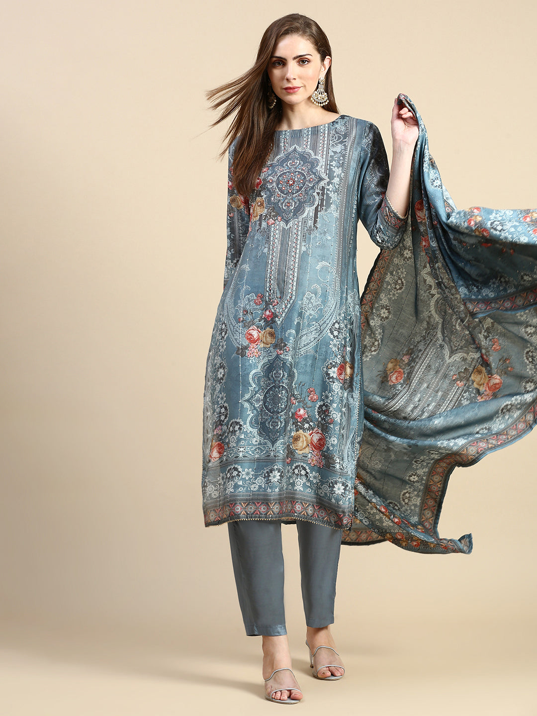 Women Floral Grey Straight Kurta Set with Dupatta