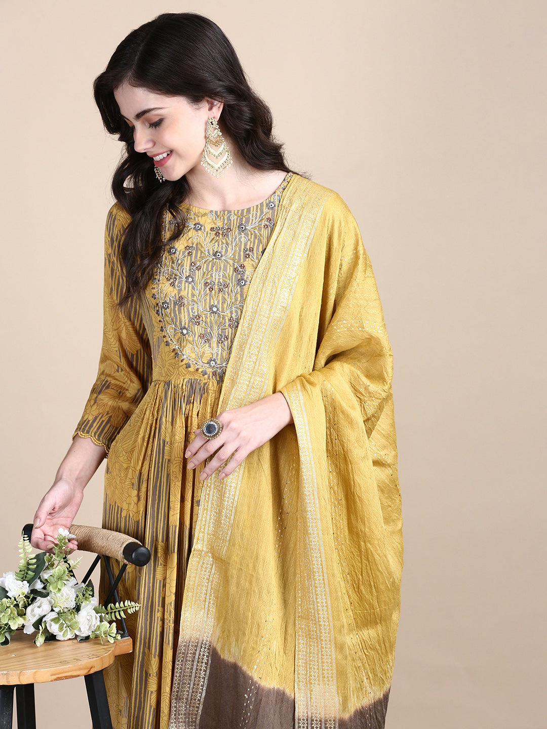 Women Floral Mustard Straight Kurta Set with Dupatta