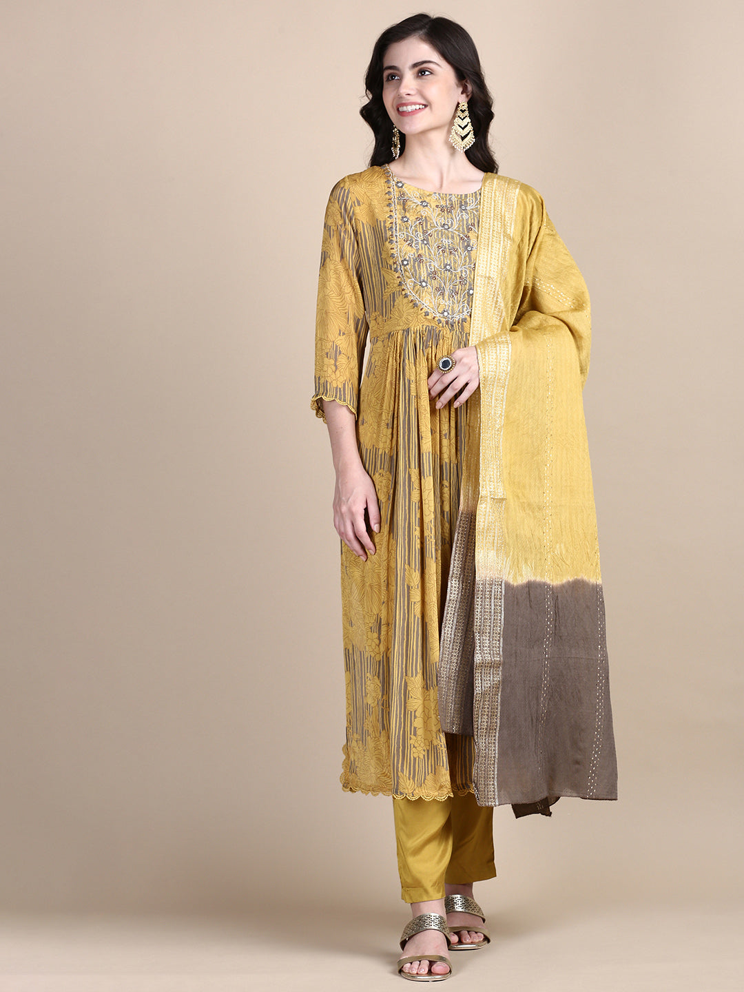 Women Floral Mustard Straight Kurta Set with Dupatta