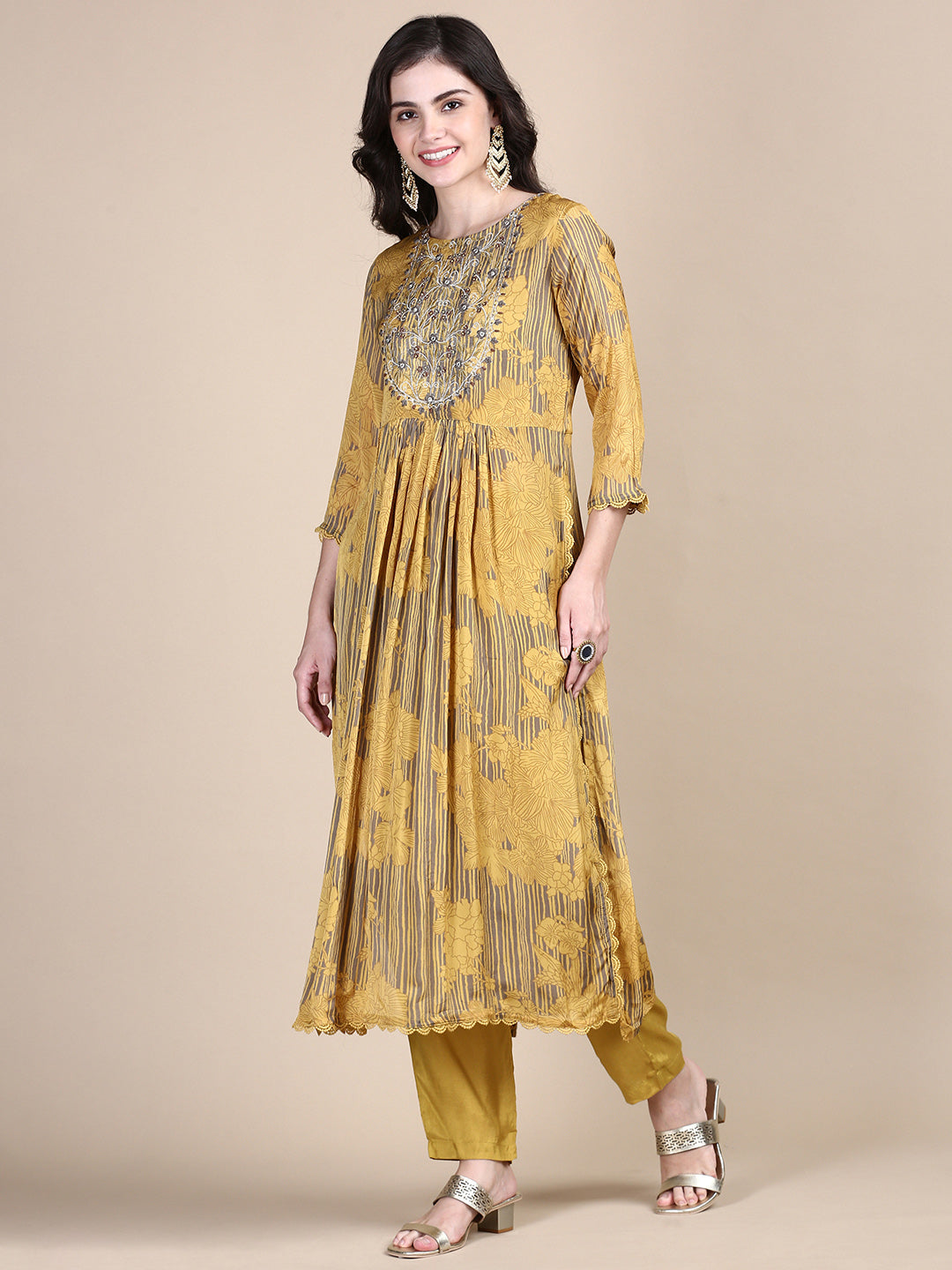 Women Floral Mustard Straight Kurta Set with Dupatta