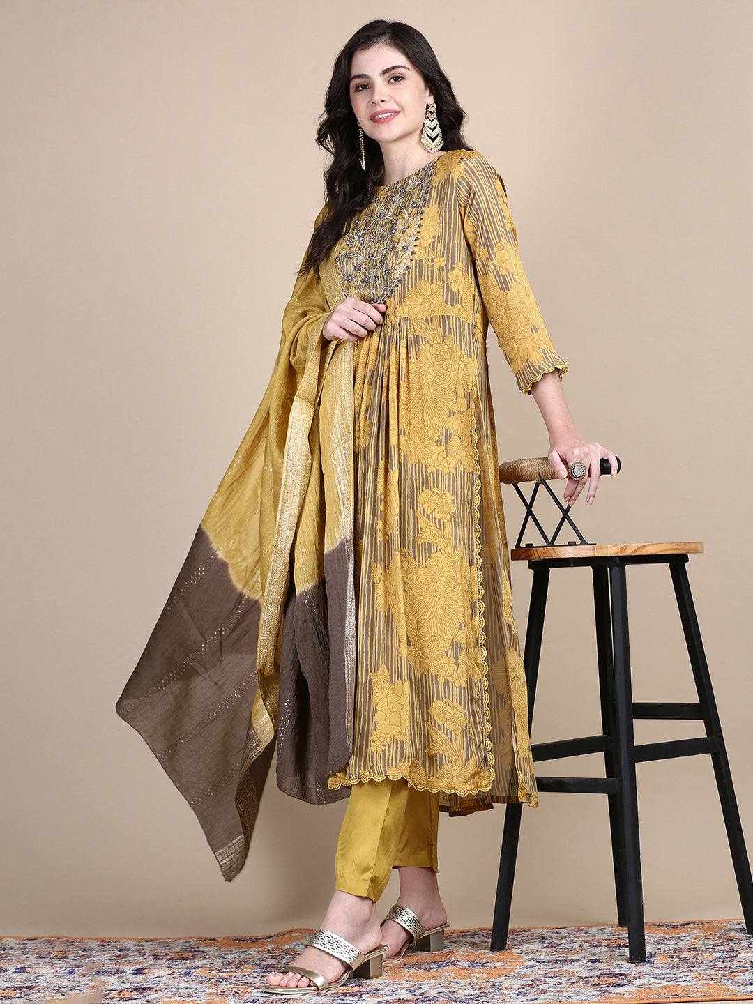 Women Floral Mustard Straight Kurta Set with Dupatta