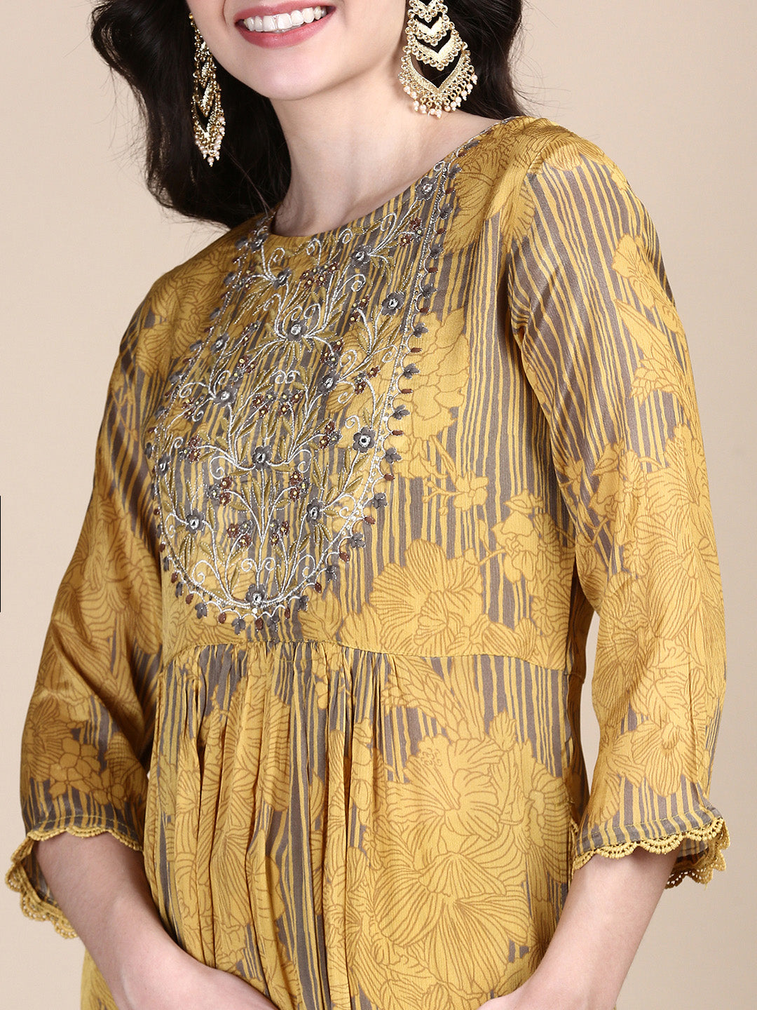 Women Floral Mustard Straight Kurta Set with Dupatta