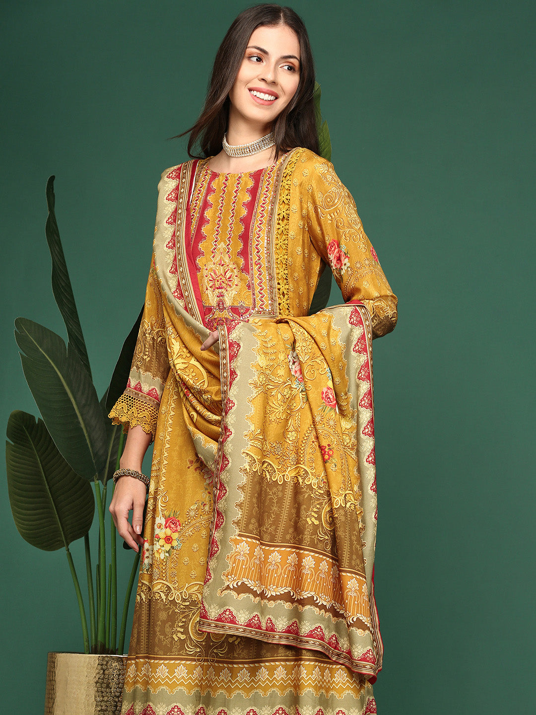 Women Floral Mustard Anarkali Kurta Set with Dupatta