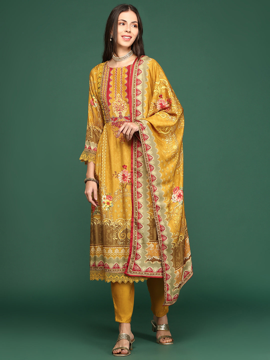 Women Floral Mustard Anarkali Kurta Set with Dupatta