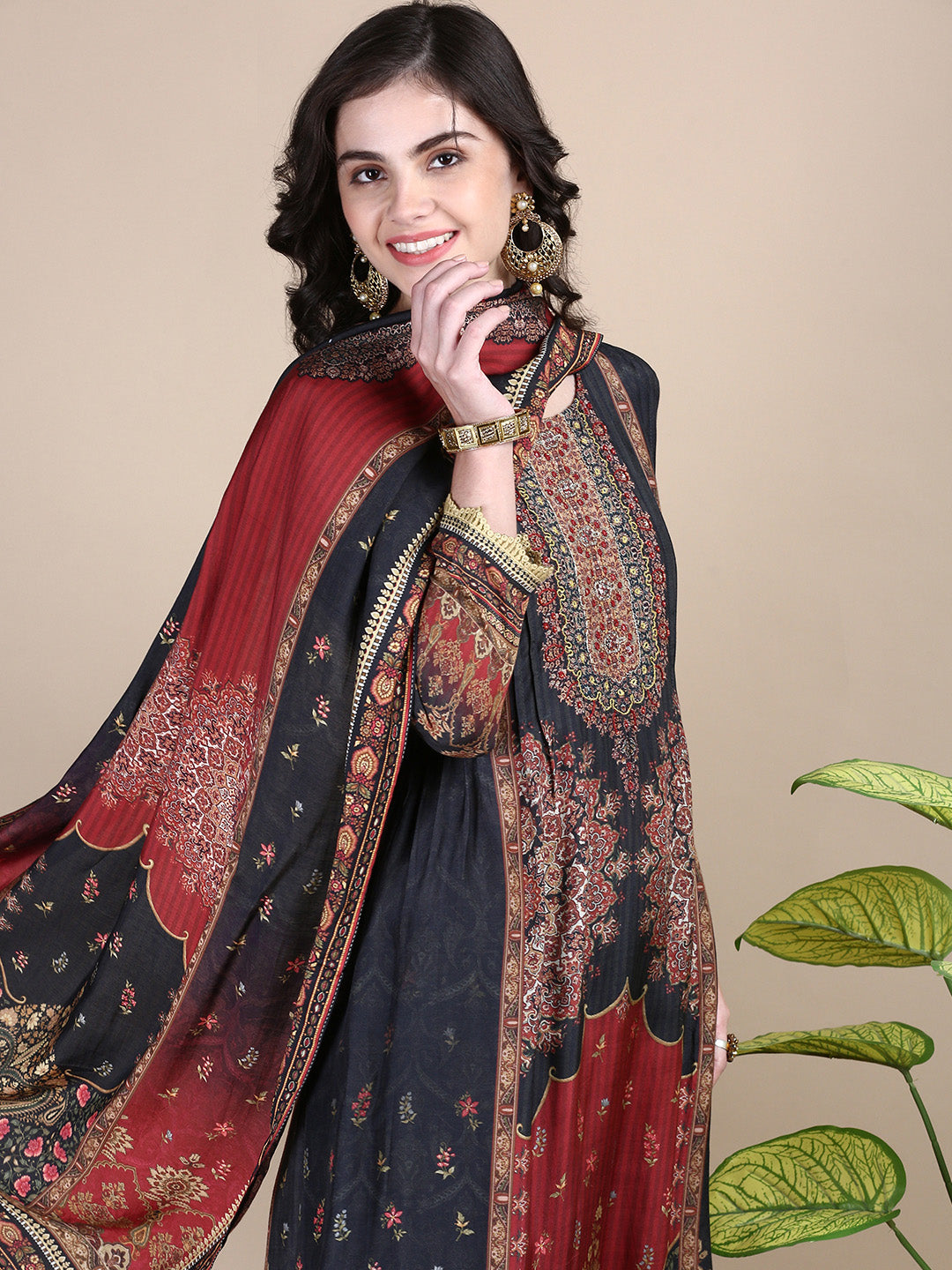 Women Floral Charcoal A-Line Kurta Set with Dupatta