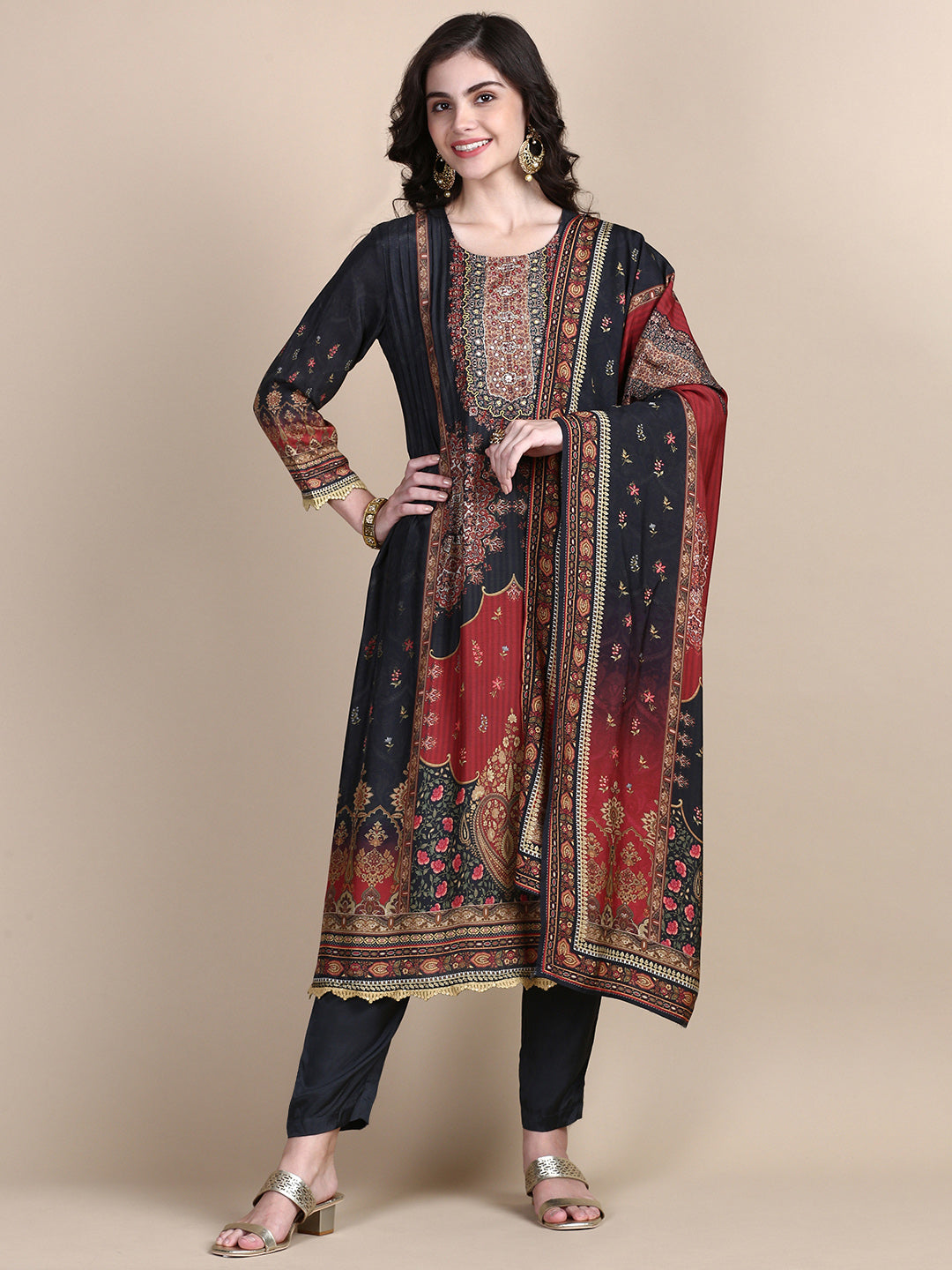 Women Floral Charcoal A-Line Kurta Set with Dupatta