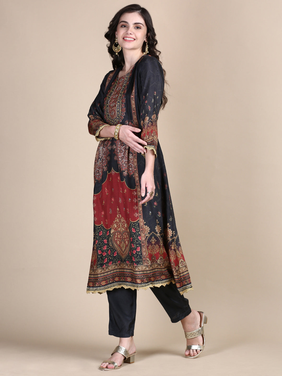 Women Floral Charcoal A-Line Kurta Set with Dupatta