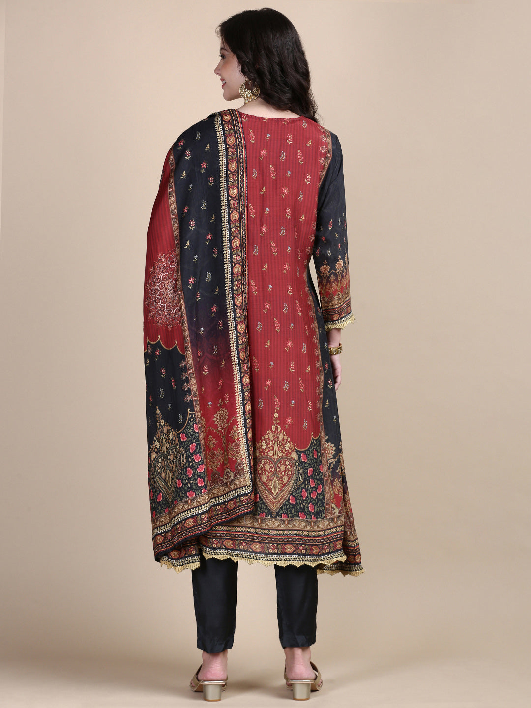 Women Floral Charcoal A-Line Kurta Set with Dupatta