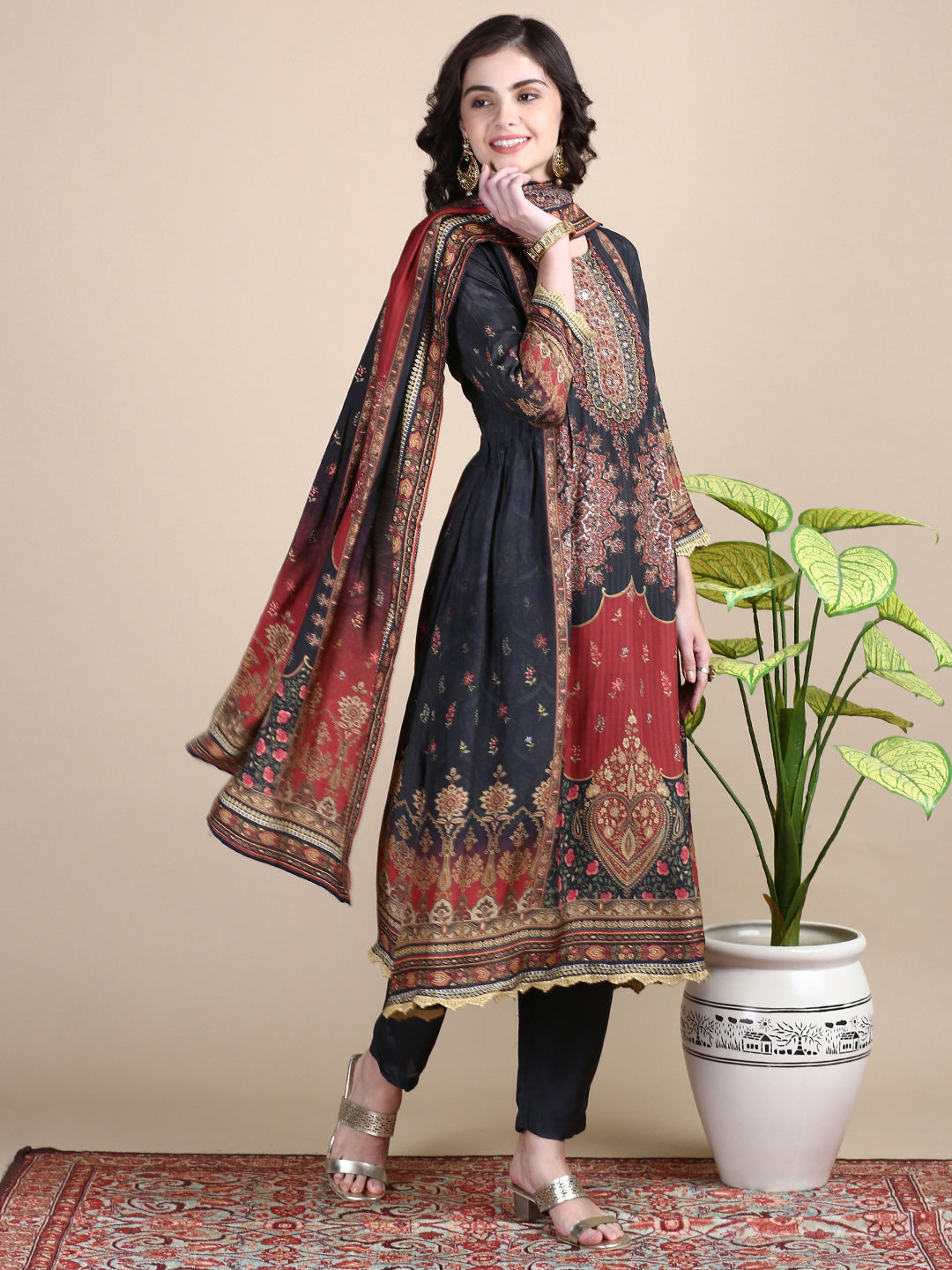 Women Floral Charcoal A-Line Kurta Set with Dupatta