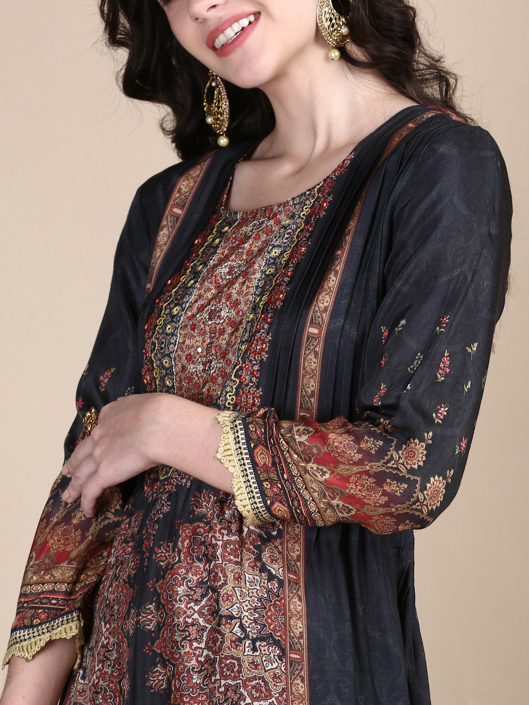 Women Floral Charcoal A-Line Kurta Set with Dupatta