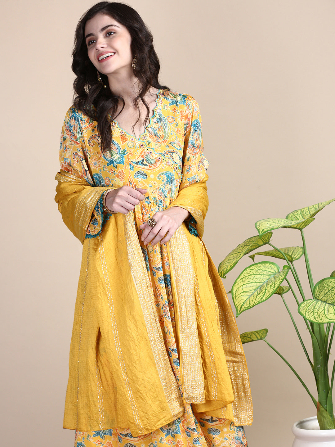 Women Yellow Paisley Anarkali Kurta Set with Dupatta