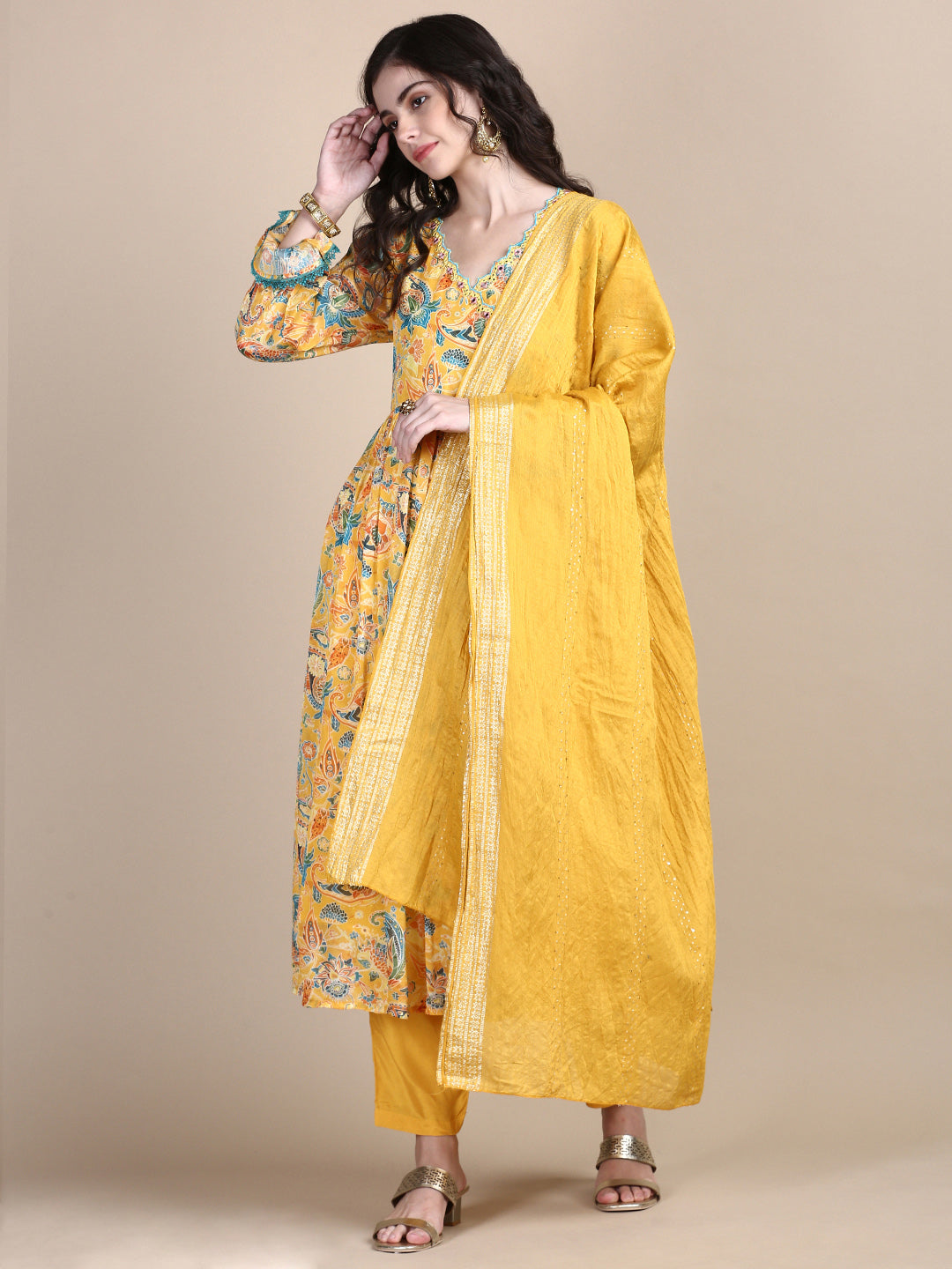 Women Yellow Paisley Anarkali Kurta Set with Dupatta