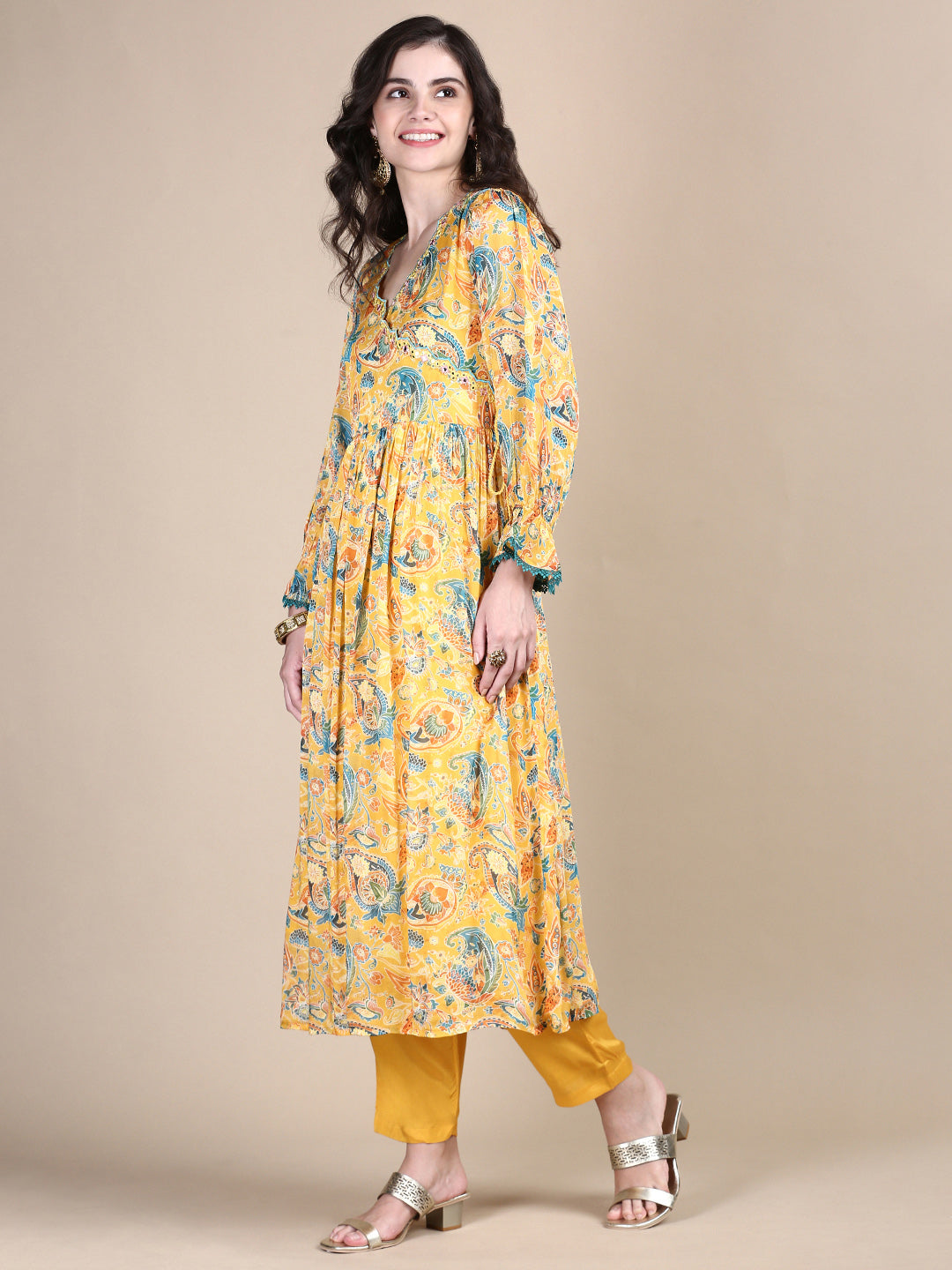 Women Yellow Paisley Anarkali Kurta Set with Dupatta