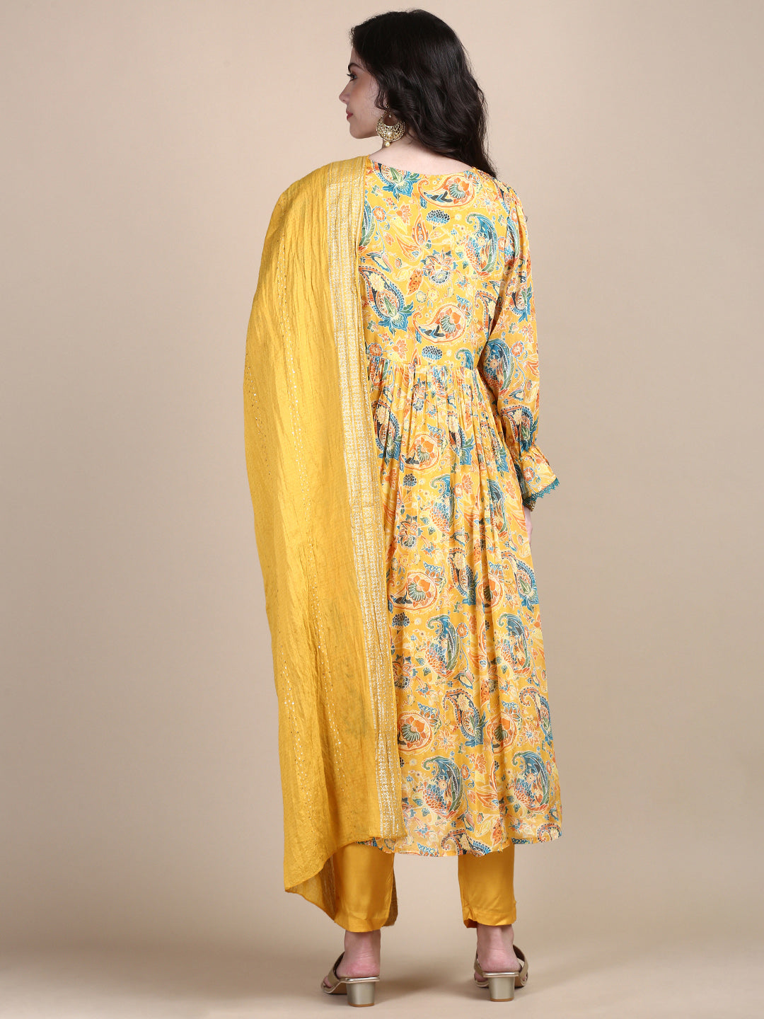 Women Yellow Paisley Anarkali Kurta Set with Dupatta