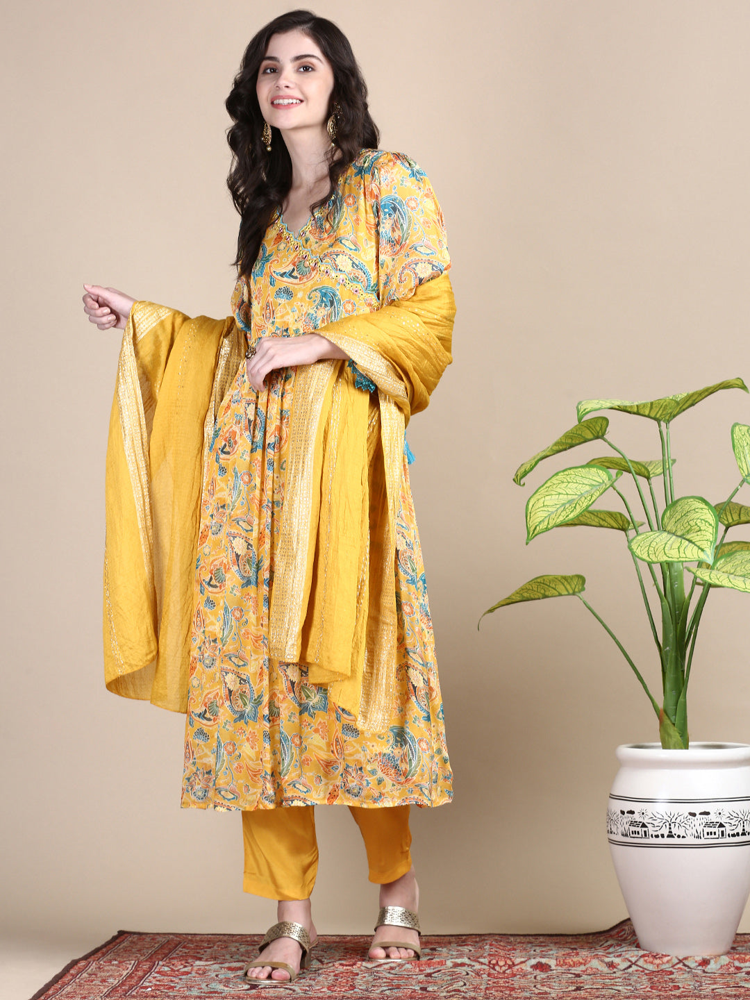 Women Yellow Paisley Anarkali Kurta Set with Dupatta