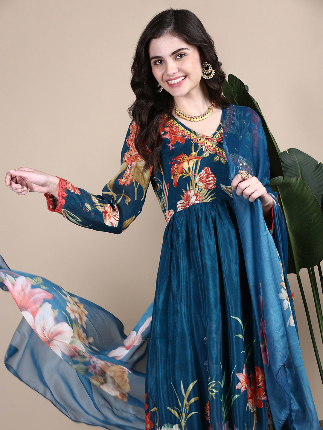 Women Floral Teal Anarkali Kurta Set with Dupatta