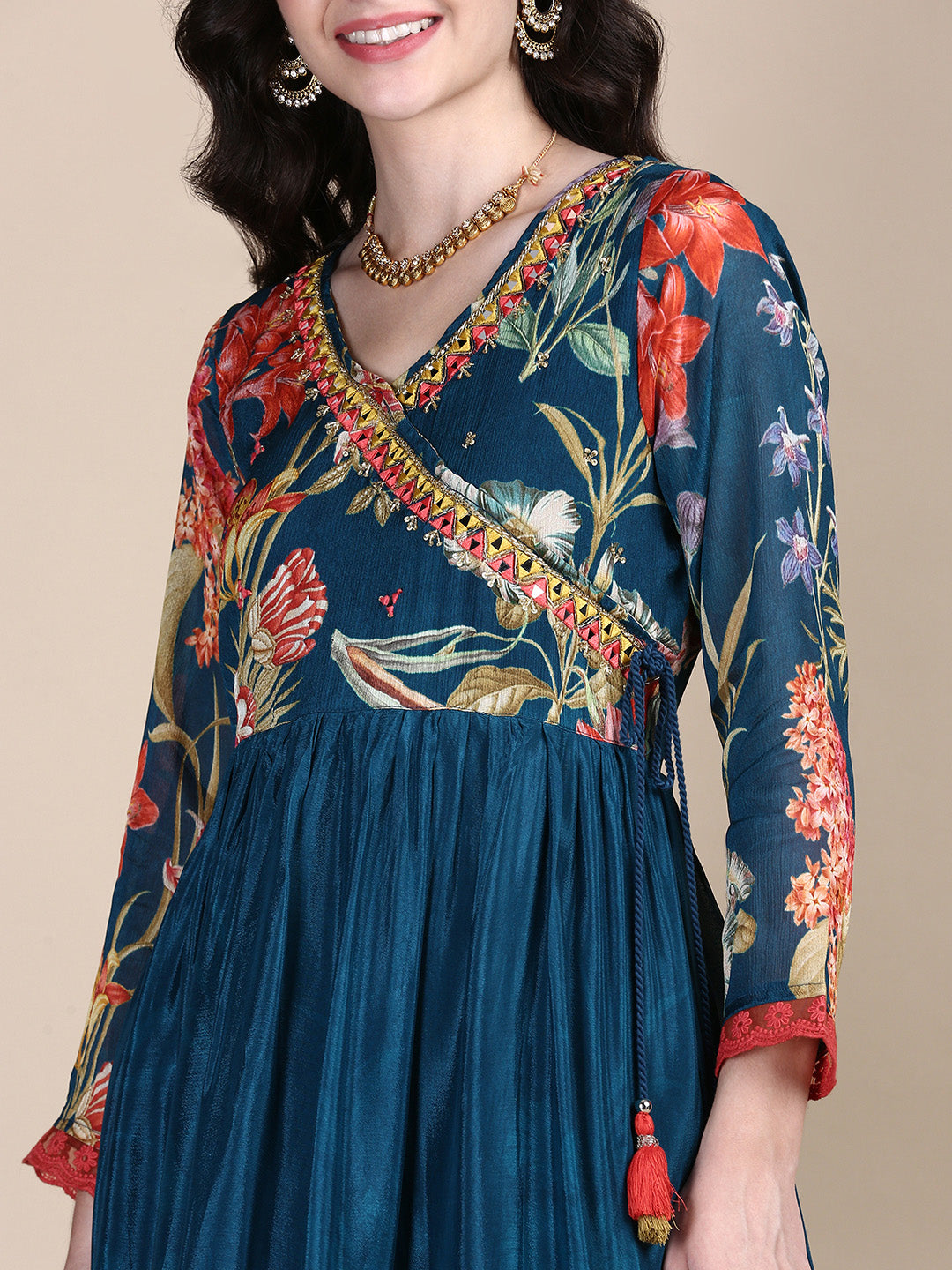 Women Floral Teal Anarkali Kurta Set with Dupatta