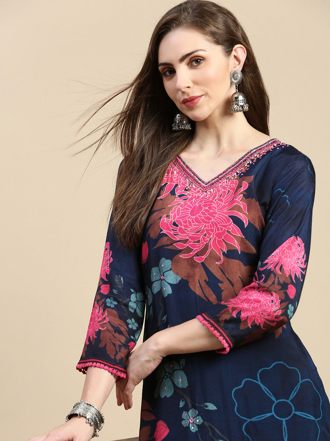 Women Floral Navy Blue A-Line Kurta Set