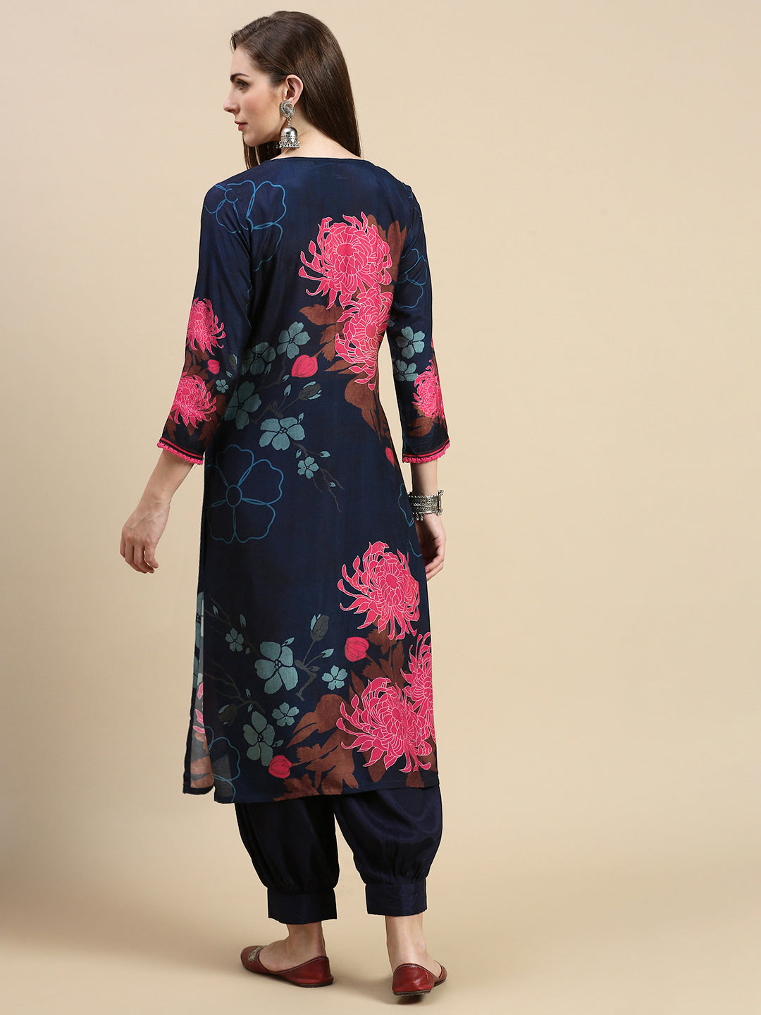 Women Floral Navy Blue A-Line Kurta Set