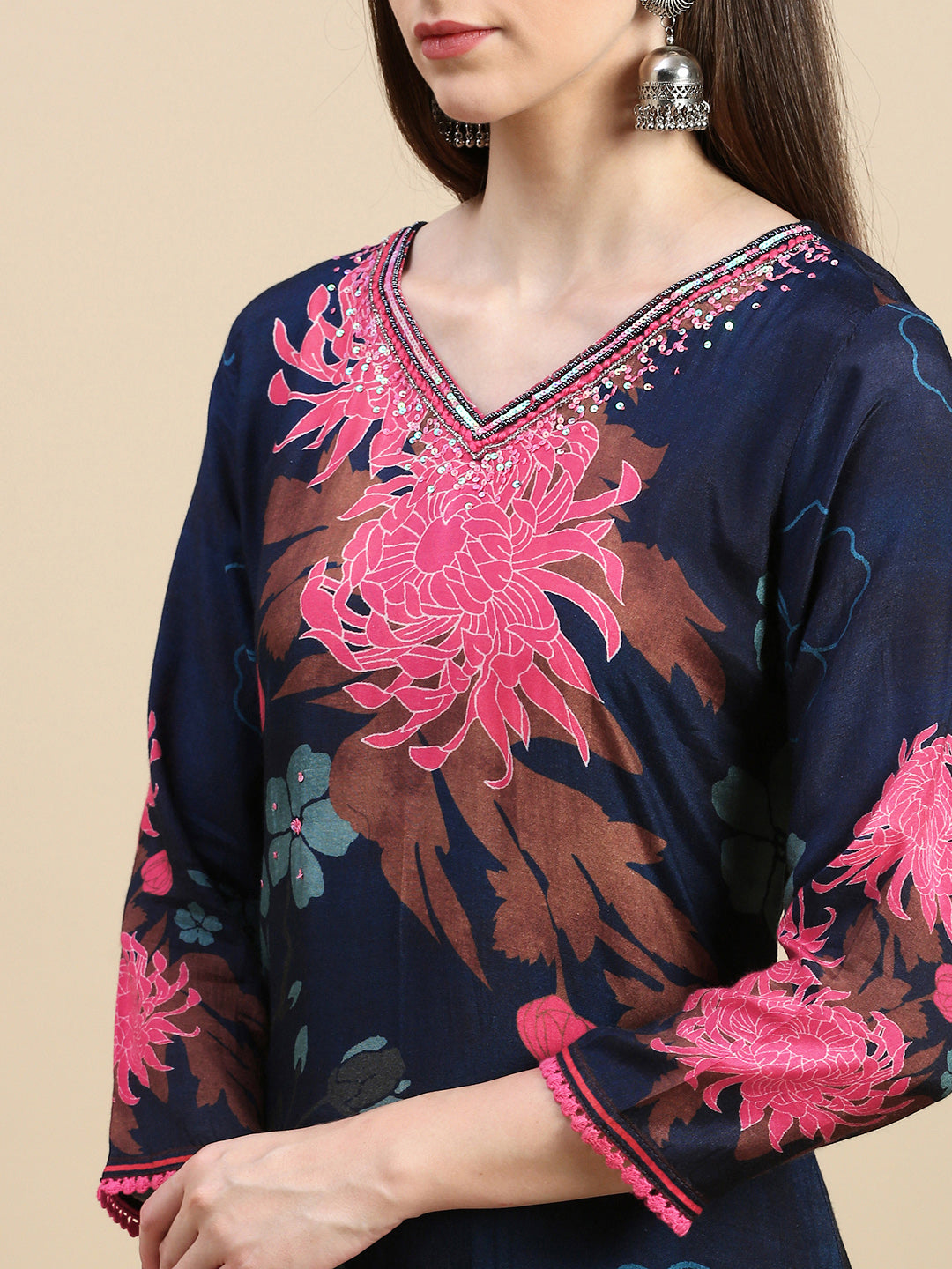 Women Floral Navy Blue A-Line Kurta Set