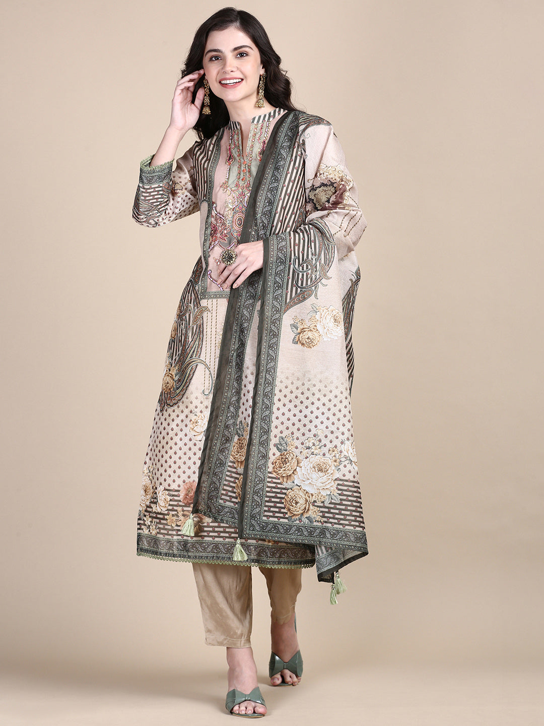 Women Ethnic Motifs Beige Straight Kurta Set with Dupatta