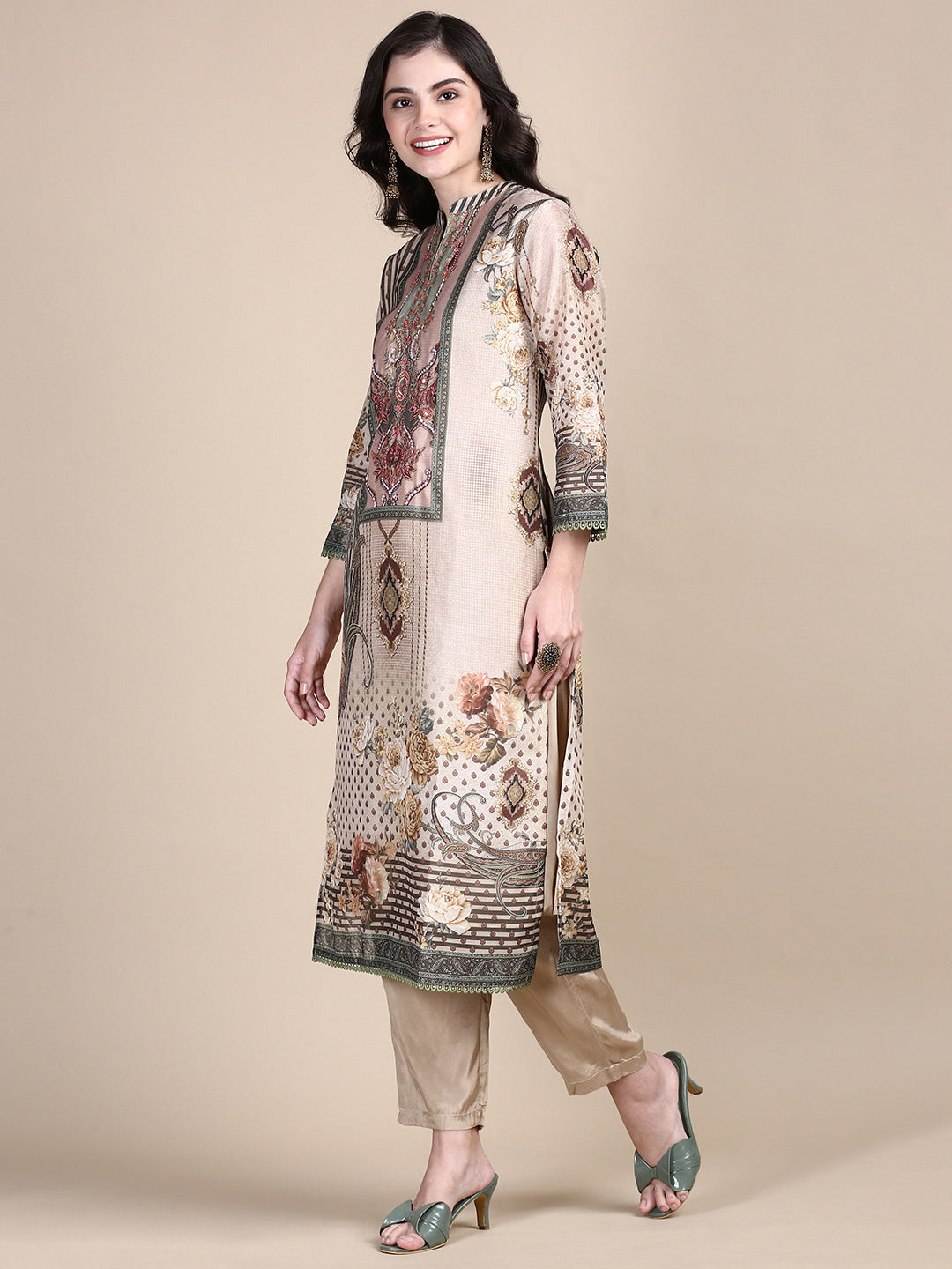 Women Ethnic Motifs Beige Straight Kurta Set with Dupatta