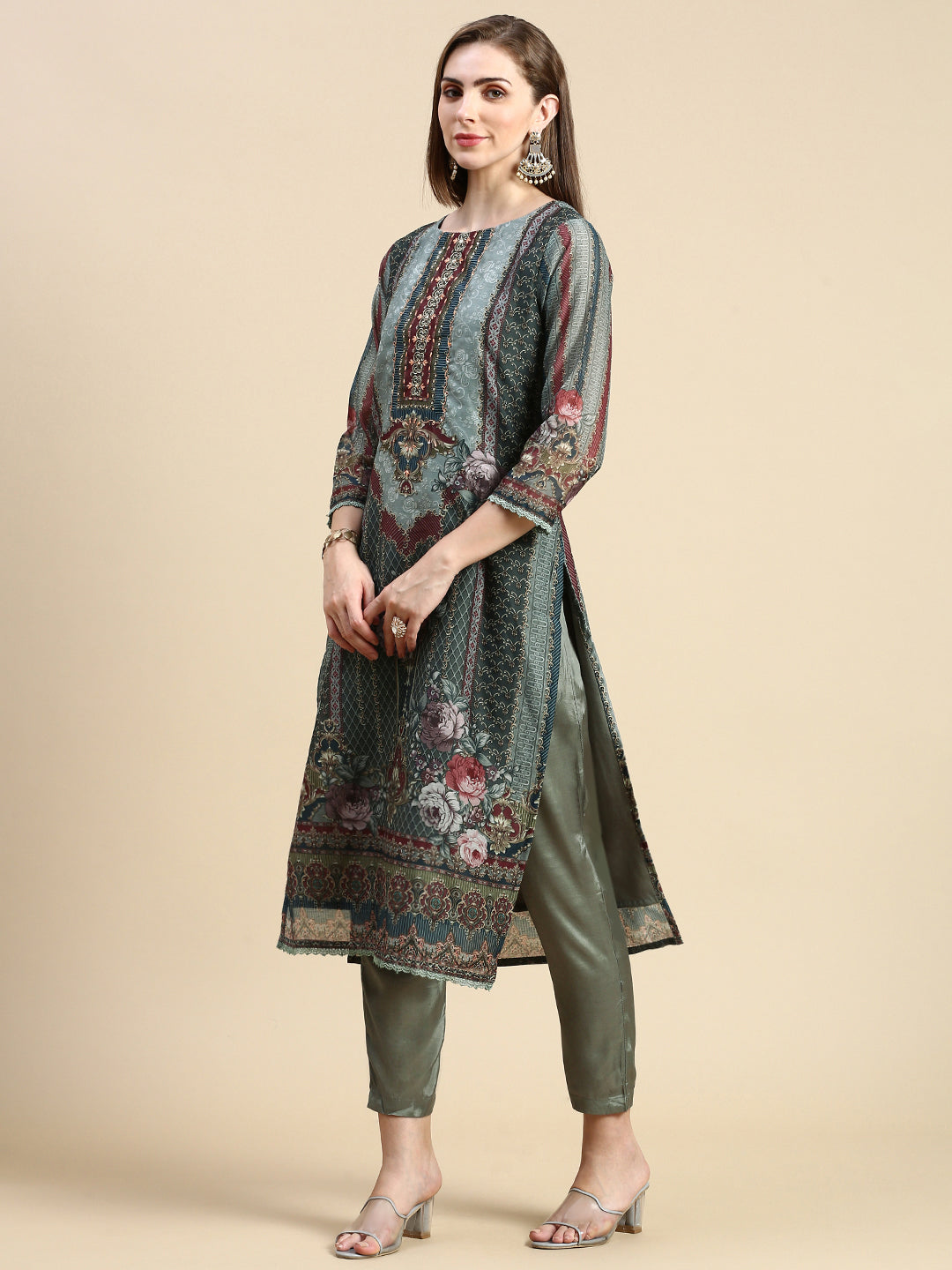 Women Floral Olive Straight Kurta Set with Dupatta