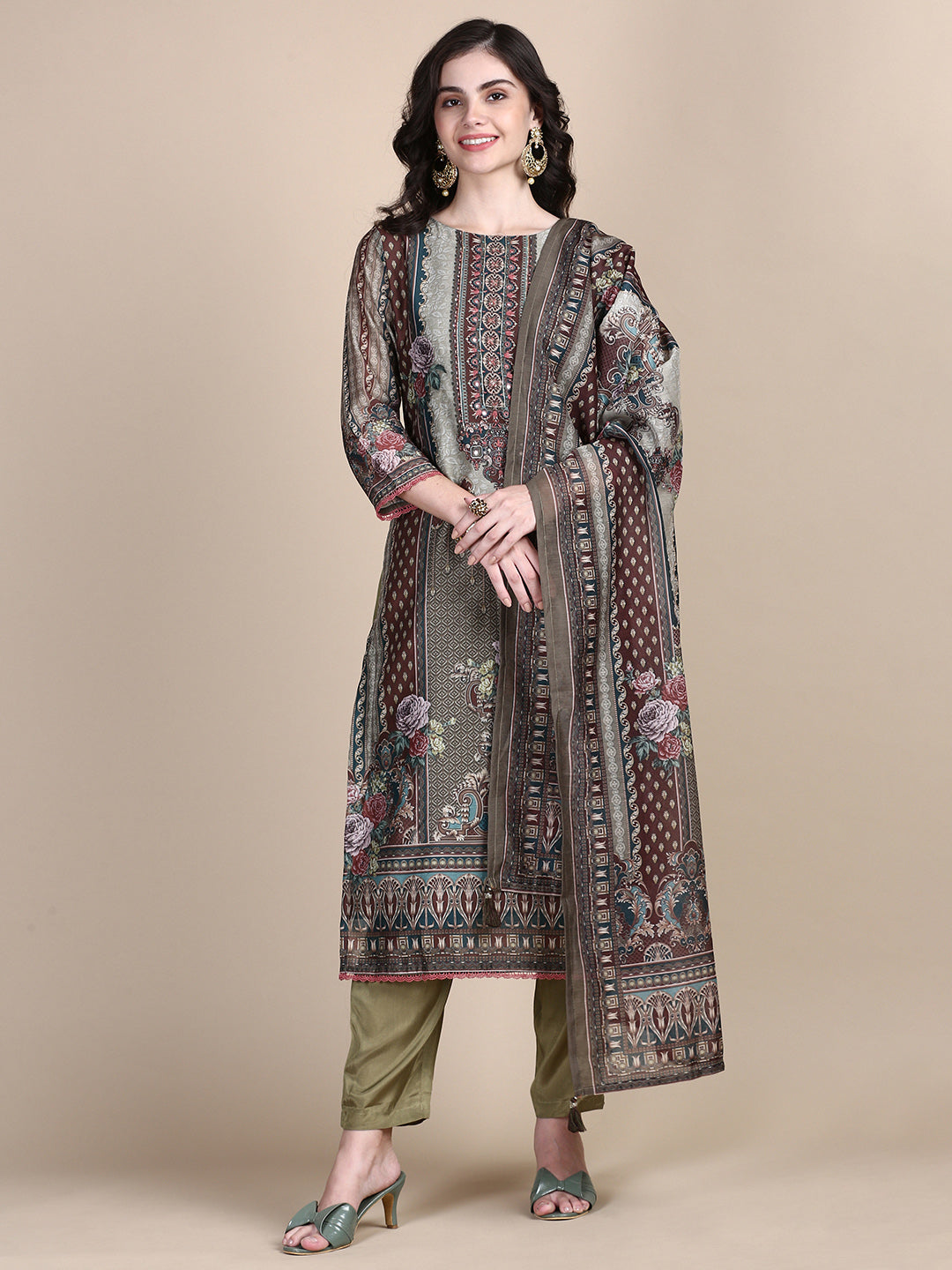 Women Floral Green Straight Kurta Set with Dupatta