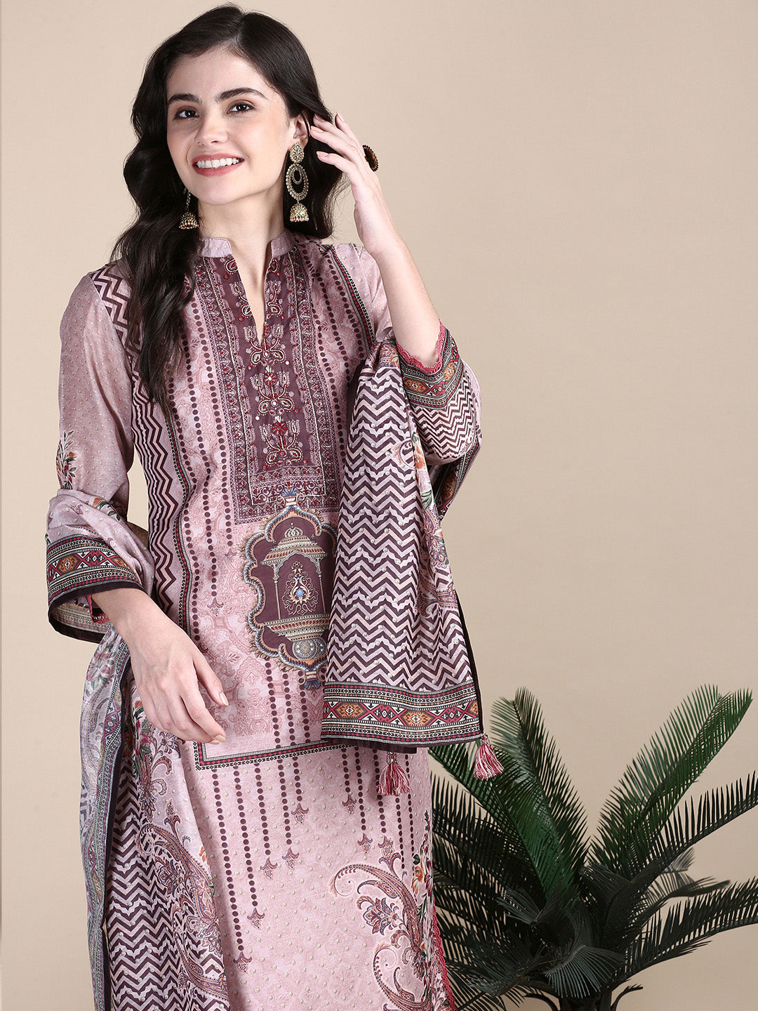 Women Ethnic Motifs Peach Straight Kurta Set with Dupatta