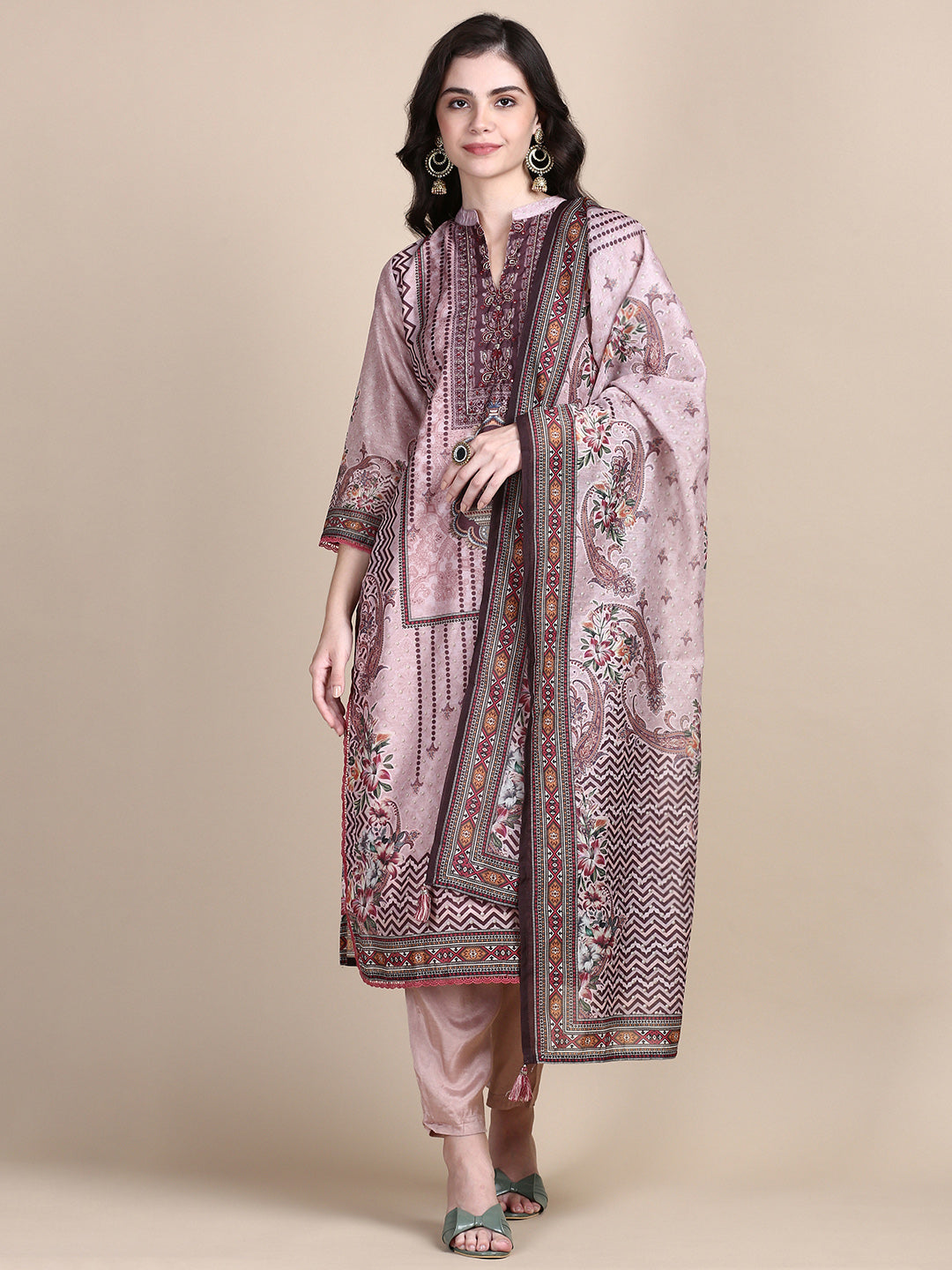 Women Ethnic Motifs Peach Straight Kurta Set with Dupatta