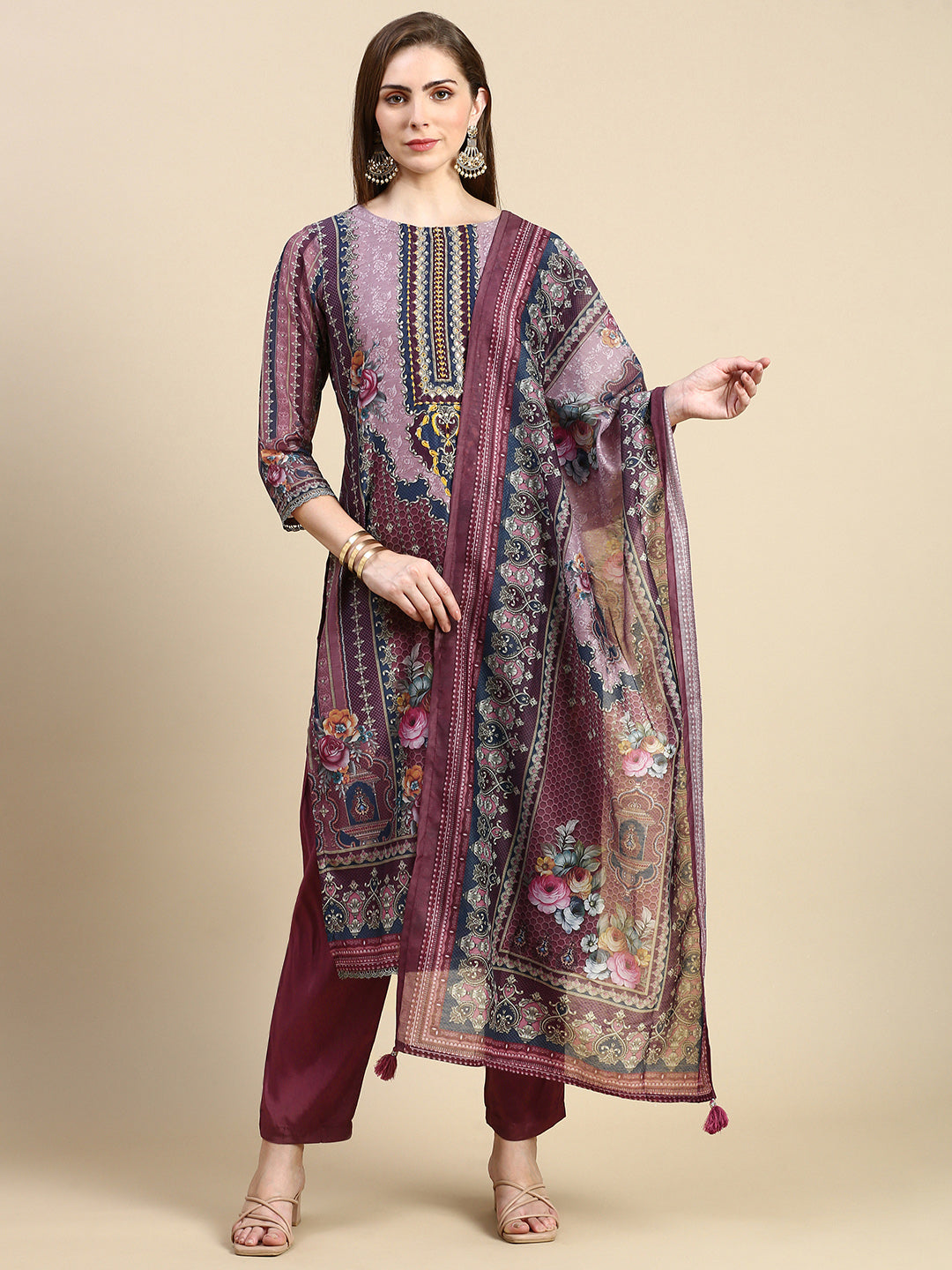 Women Floral Brown Straight Kurta Set with Dupatta