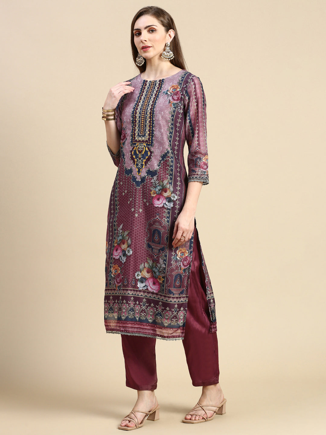 Women Floral Brown Straight Kurta Set with Dupatta