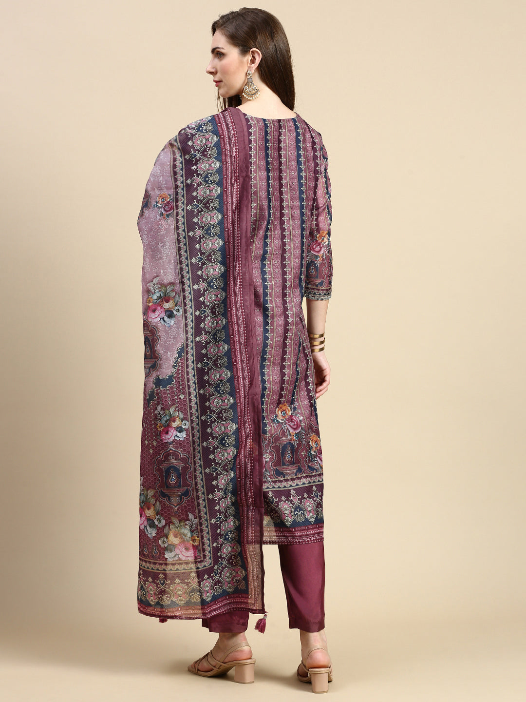 Women Floral Brown Straight Kurta Set with Dupatta